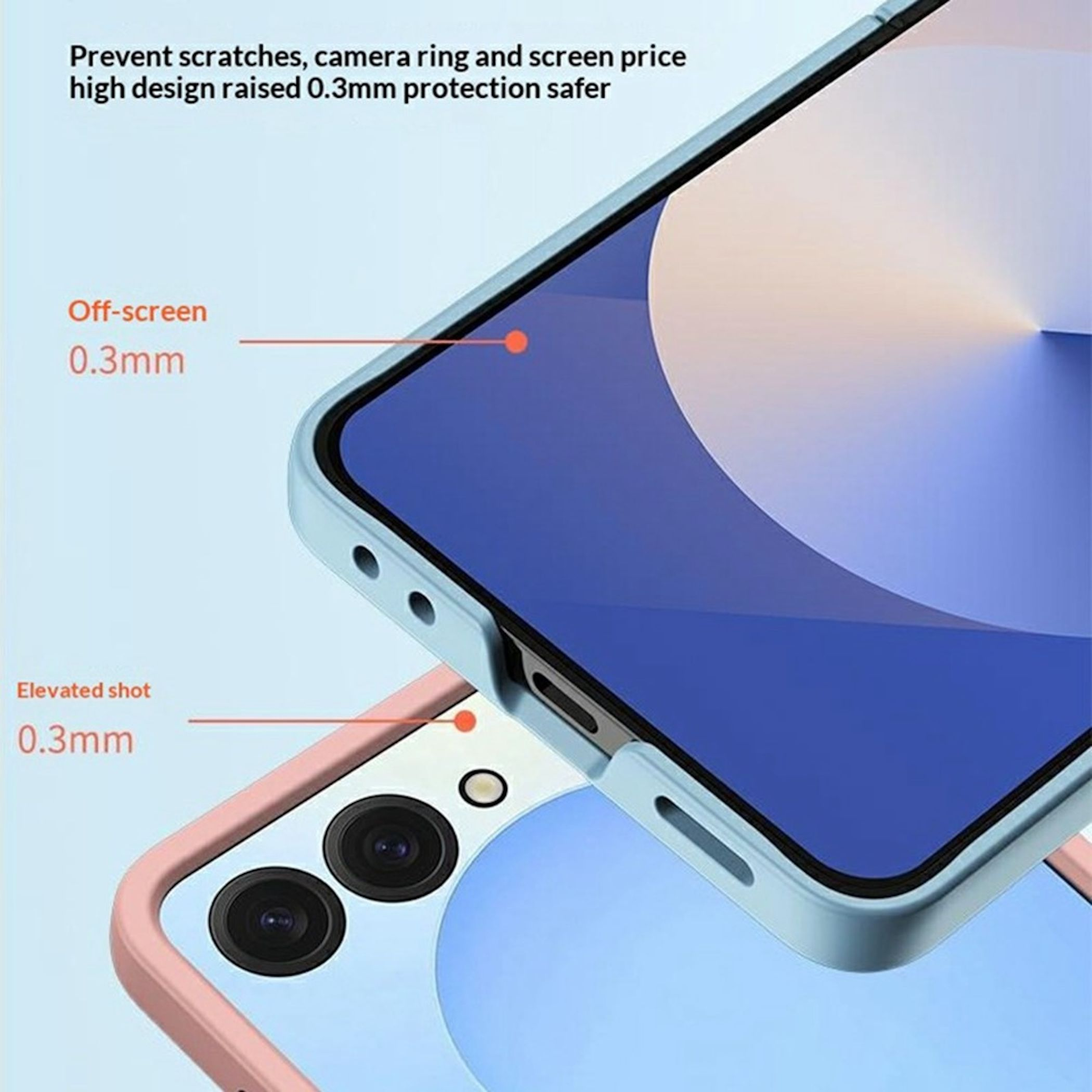 Blaue und rosa Handyhüllen mit 0,3 mm erhöhter Kante für Kameras und Bildschirm.