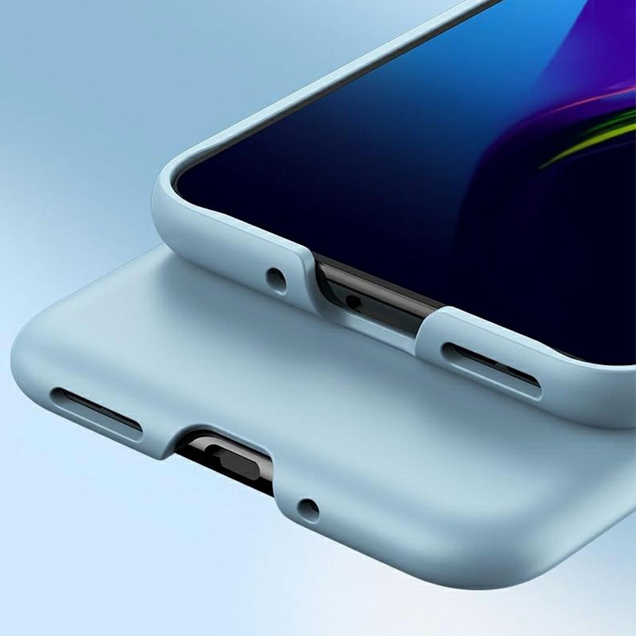 Hellblaue Handyhülle über einem dunkleren Handy mit blauem Bildschirm.