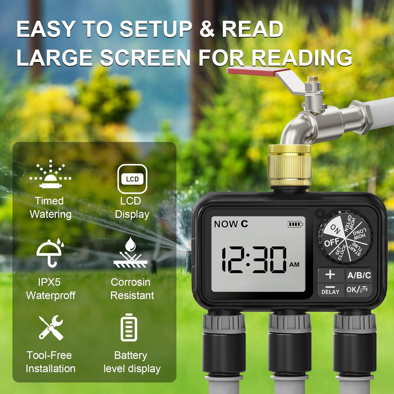 Digitaler Timer mit LCD-Bildschirm, Schlauchanschlüssen und grüner Außenumgebung. Merkmale: Zeitgesteuertes Bewässern, IPX5 wasserdicht.