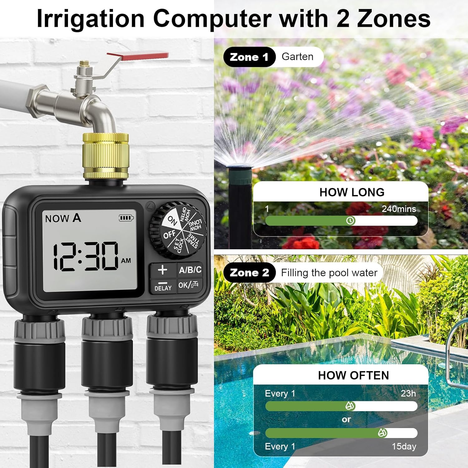 Bewässerungscomputer mit 2 Zonen, Gartensprenkler und Poolfüllung.