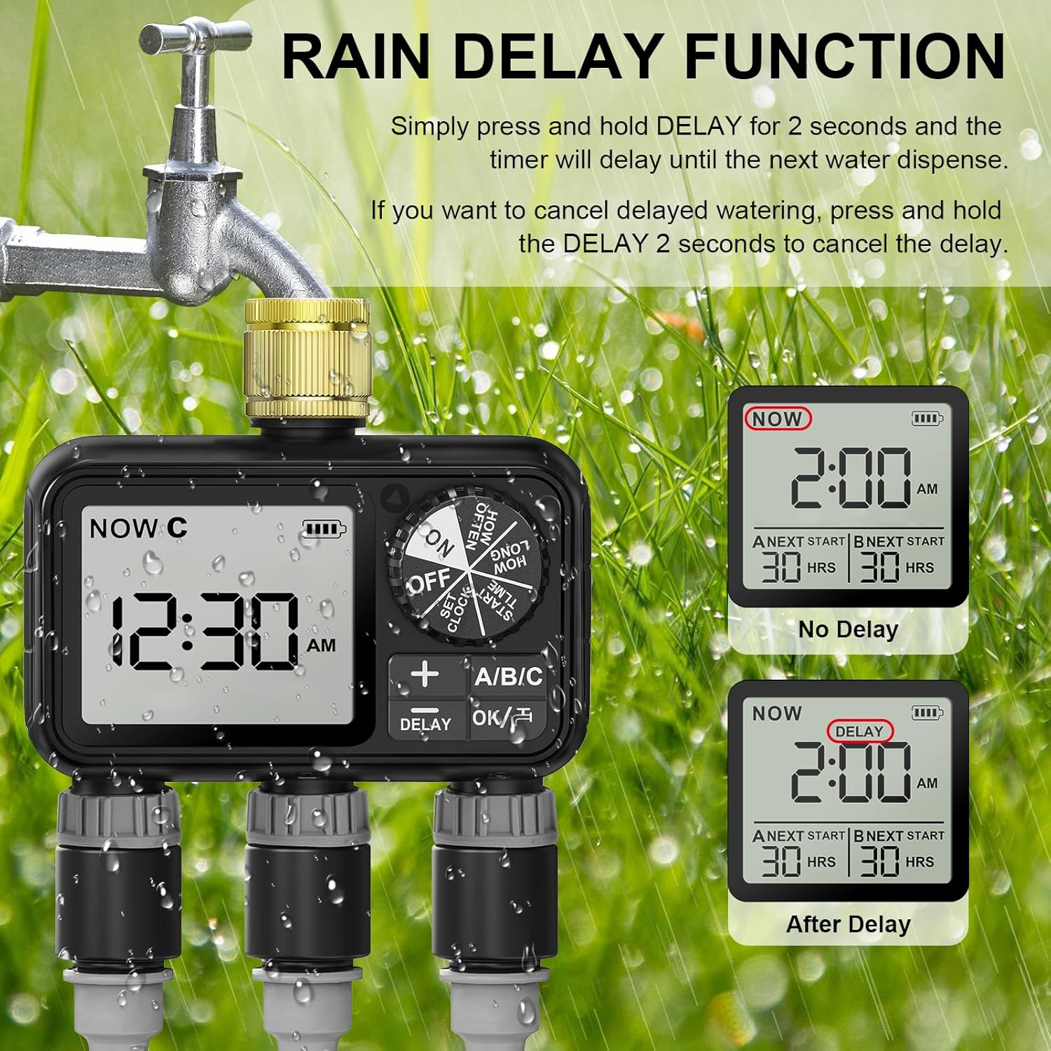 Ein digitaler Bewässerungs Timer mit Wasserhahn und Gras im Hintergrund.