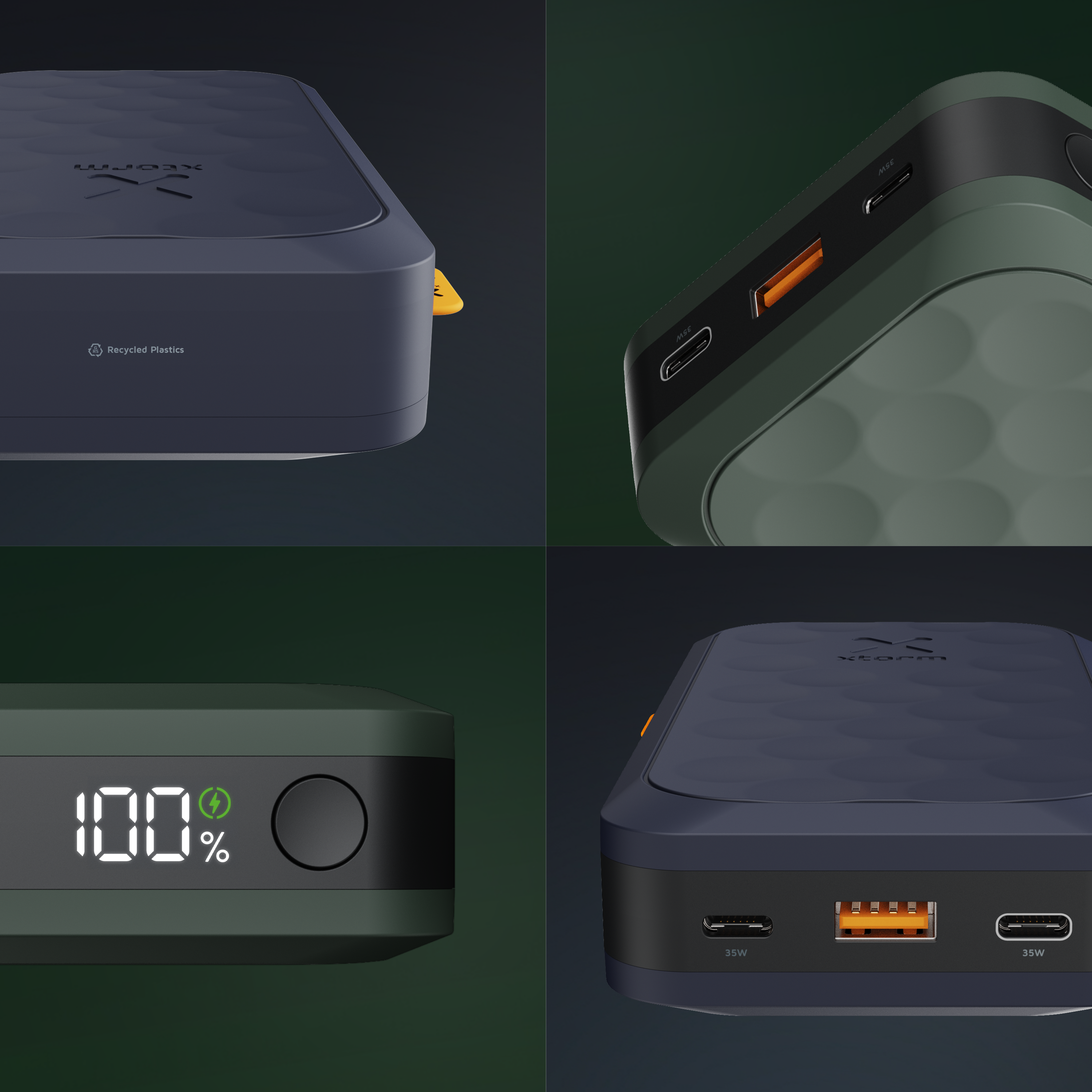 Vier Ansichten eines dunkelblauen und grünen Ladekabels mit USB-C-Anschlüssen.