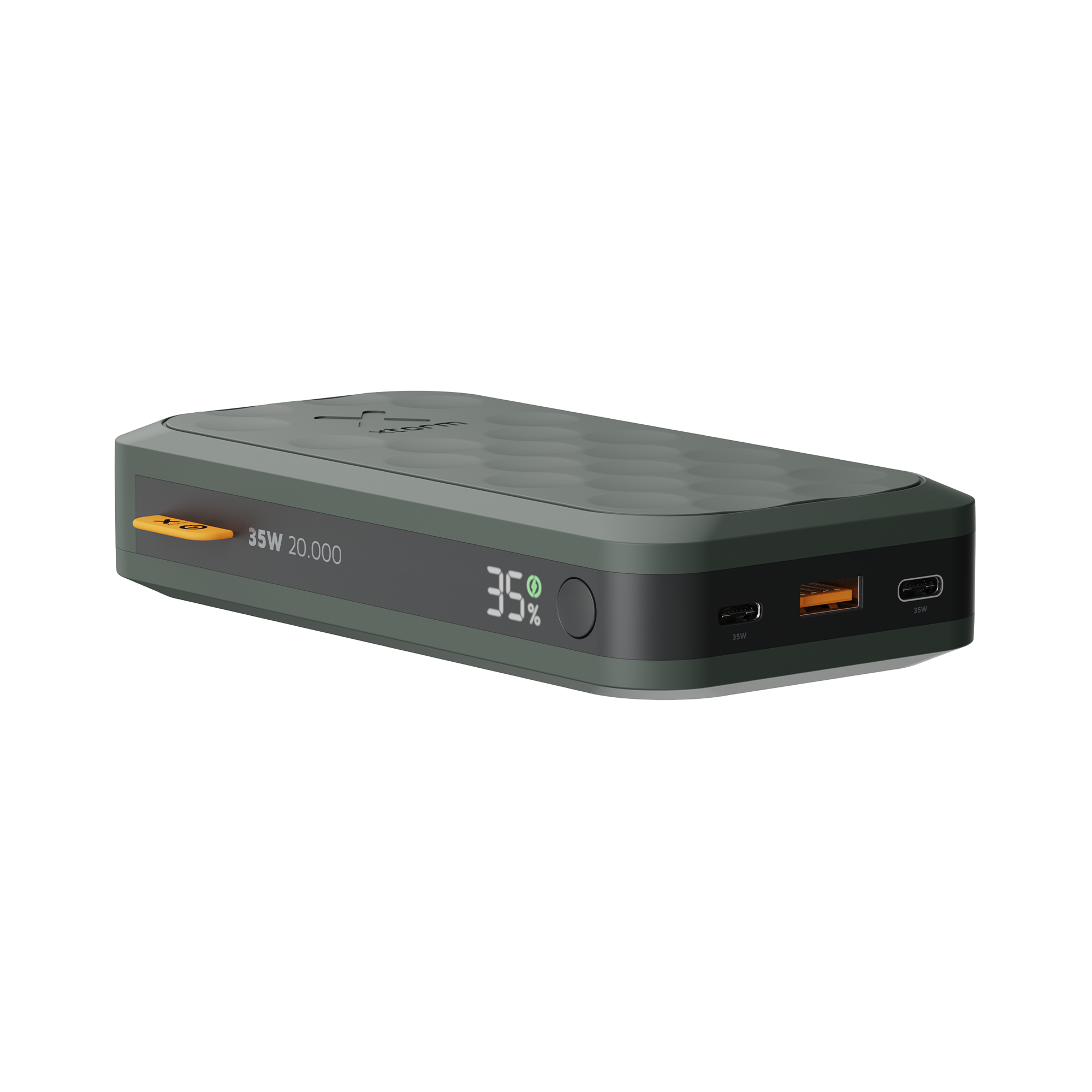 Grüne Powerbank mit 35W, 20.000 mAh, USB-C und USB-A Anschlüssen.