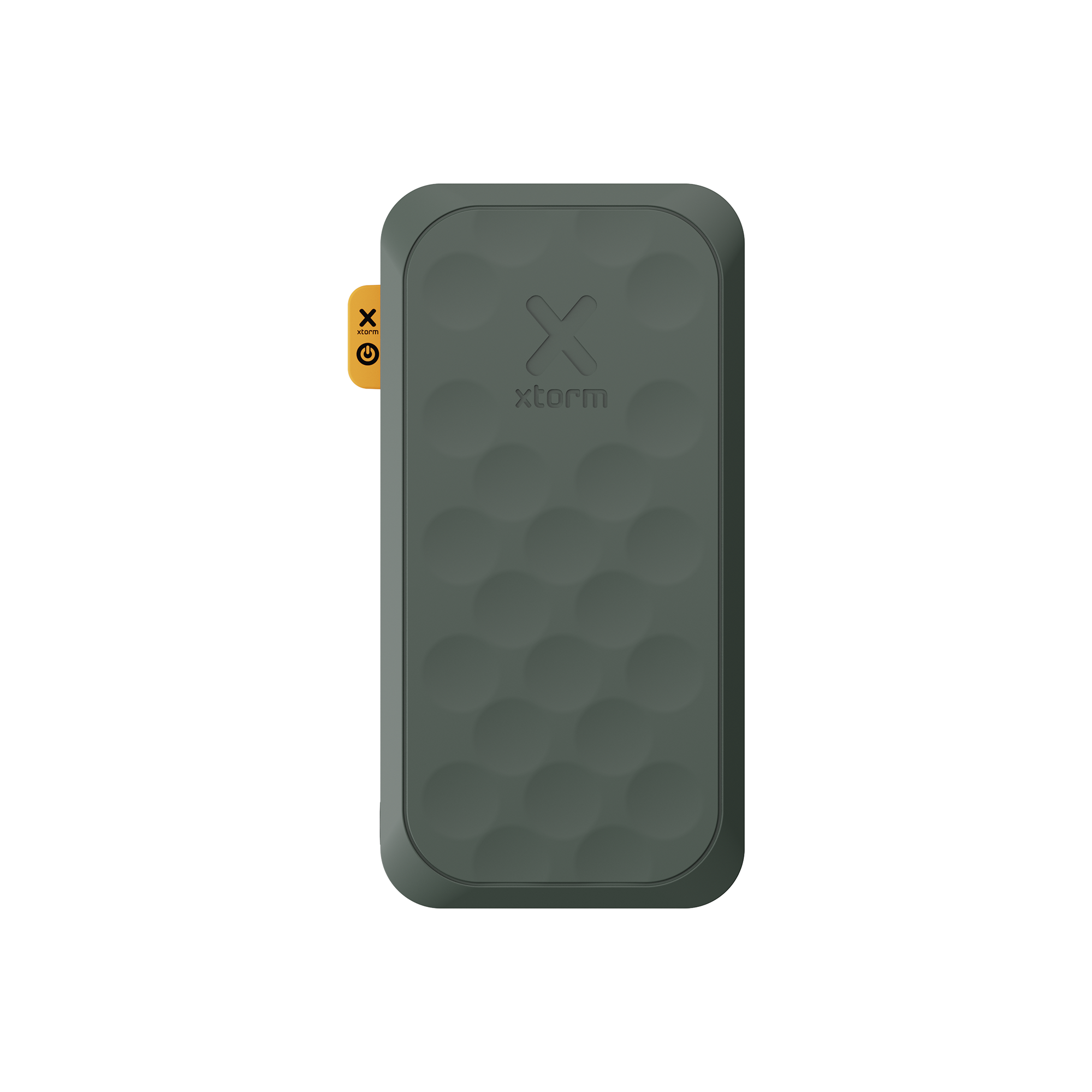 Dunkelgraues Xtorm Ladegerät mit Muster und gelbem Power-Button.