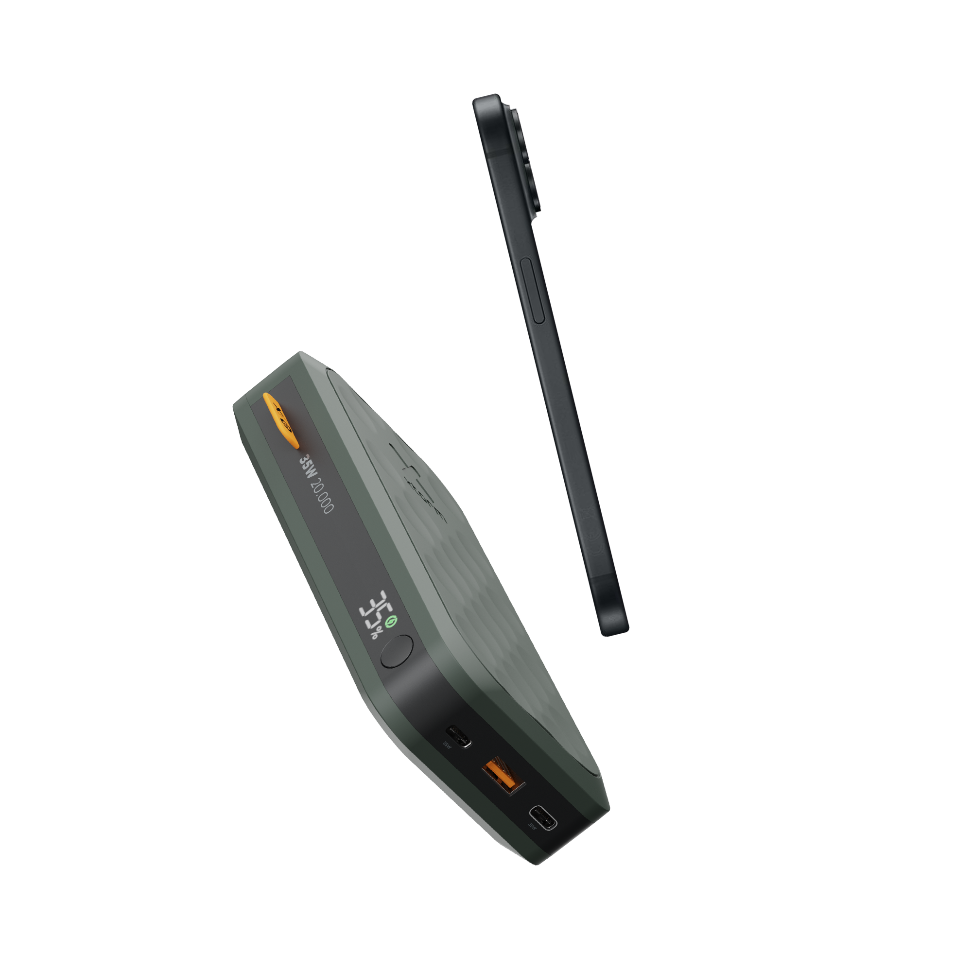 Ein dunkler Powerbank und ein Smartphone vor weißem Hintergrund.