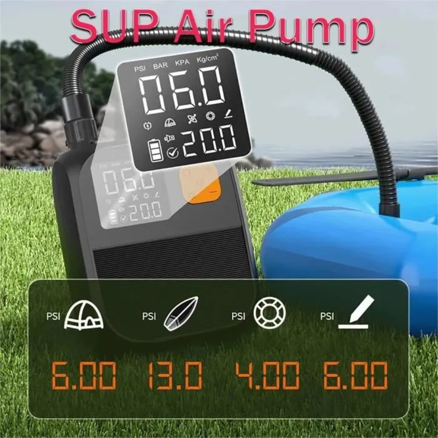 SUP Luftpumpe mit Digitalanzeige für PSI, BAR, KPA, Kg/cm². Zeigt auch Batteriestatus an.