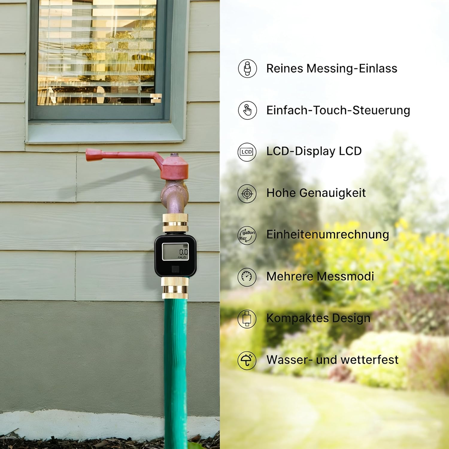 Gartenschlauch mit Messgerät an Wasserhahn, neben Fenster. Liste mit Funktionen.