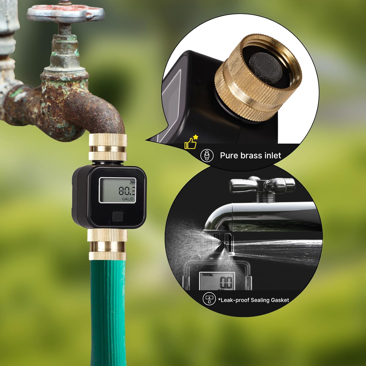 Ein digitaler Wasserdurchflussmesser mit Messingeinlass und Dichtung.