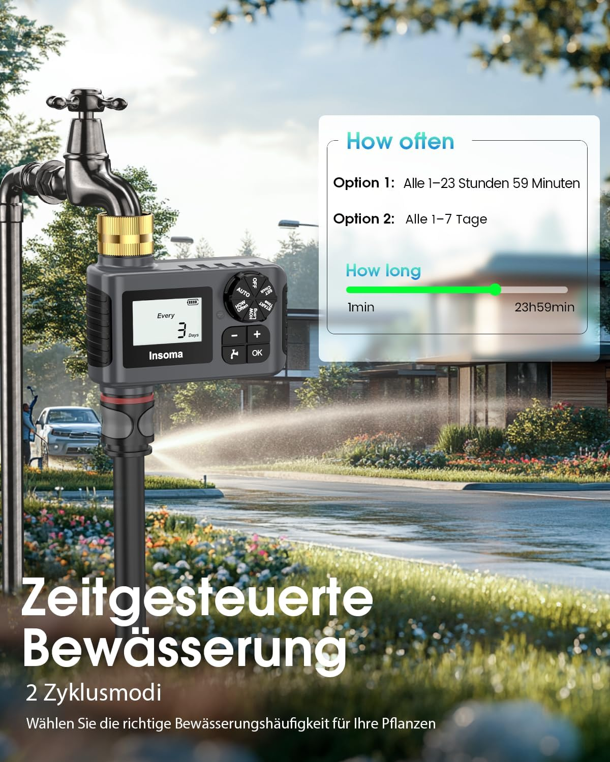 Ein digitaler Bewässerungs Timer ist an einen Wasserhahn angeschlossen und bewässert einen Garten.