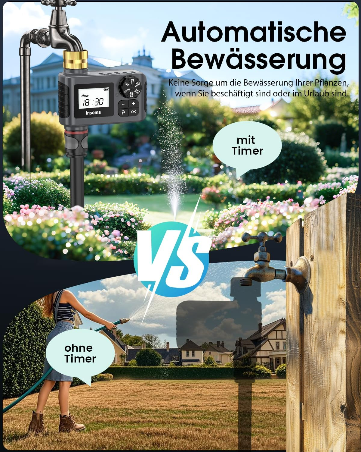 Ein Bewässerungs-Timer am Hahn sprüht Wasser auf Blumen, eine Frau schlaucht einen Rasen.