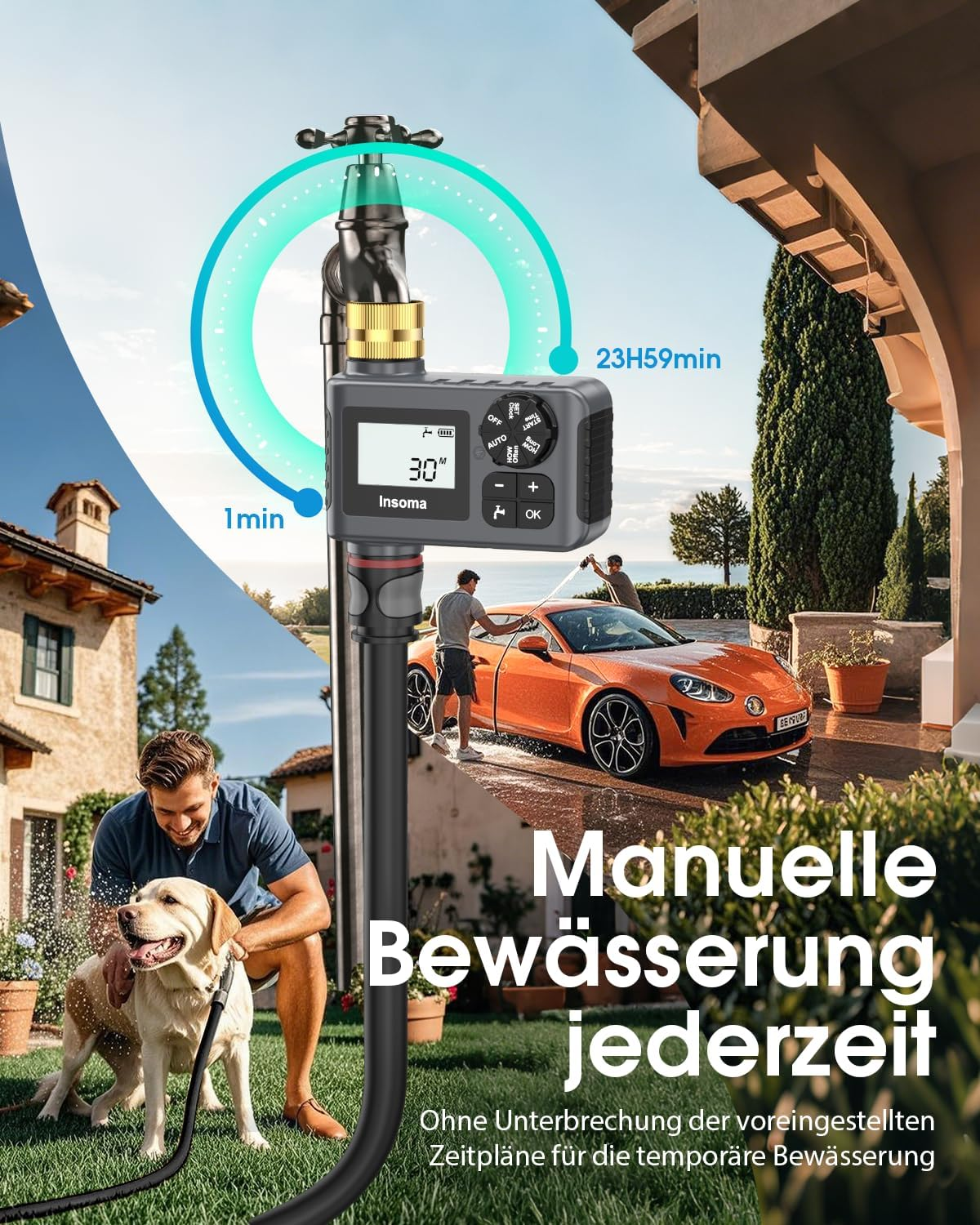 Ein Gartenschlauch-Timer mit Display, der einen Mann mit einem Hund und ein Auto zeigt.