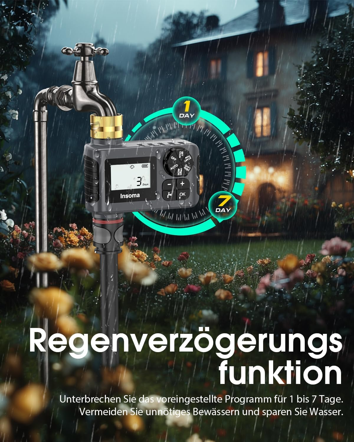 Ein digitaler Bewässerungszeitschaltuhr wird an einen Wasserhahn angeschlossen, während es regnet.