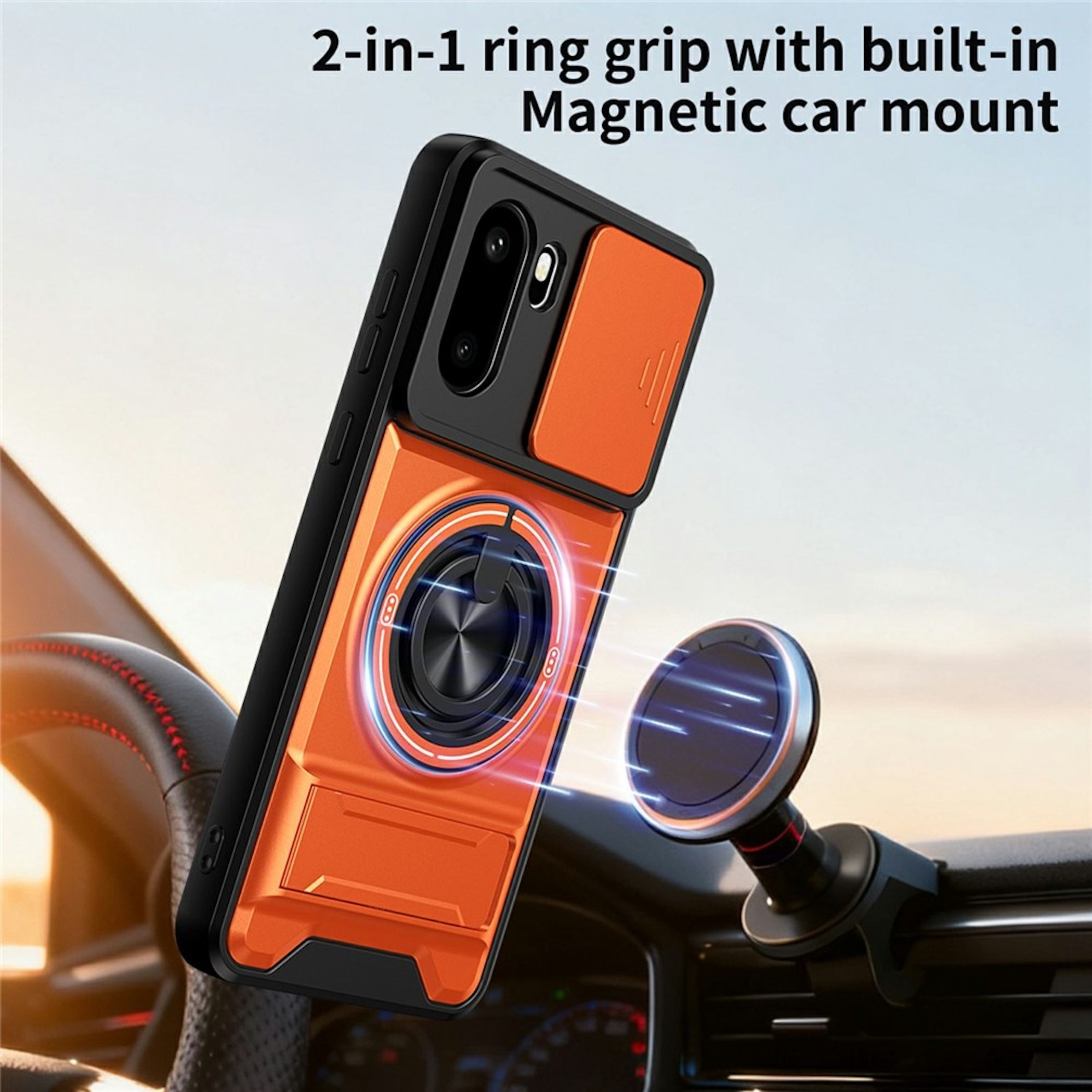 Orangefarbene Handyhülle mit Ringhalter und Magnethalterung für Autos.
