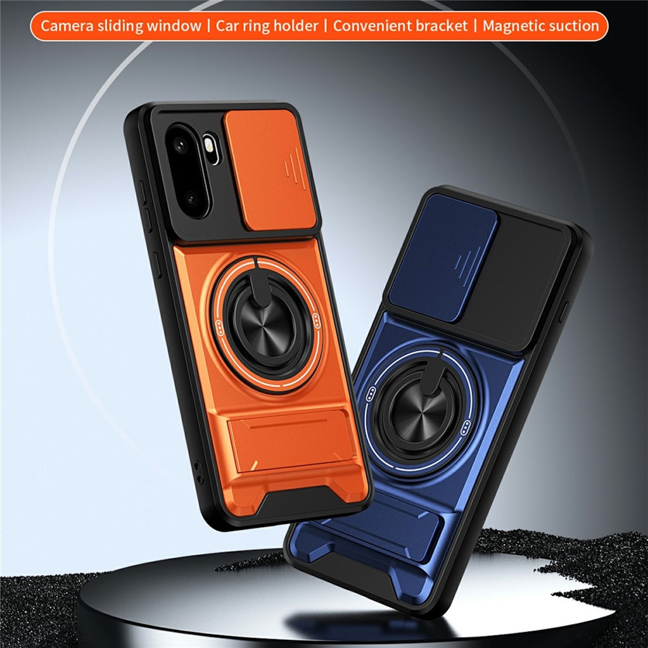 Zwei Handyhüllen: eine orange, eine blau, mit Ringhalter und Kameraschieber.