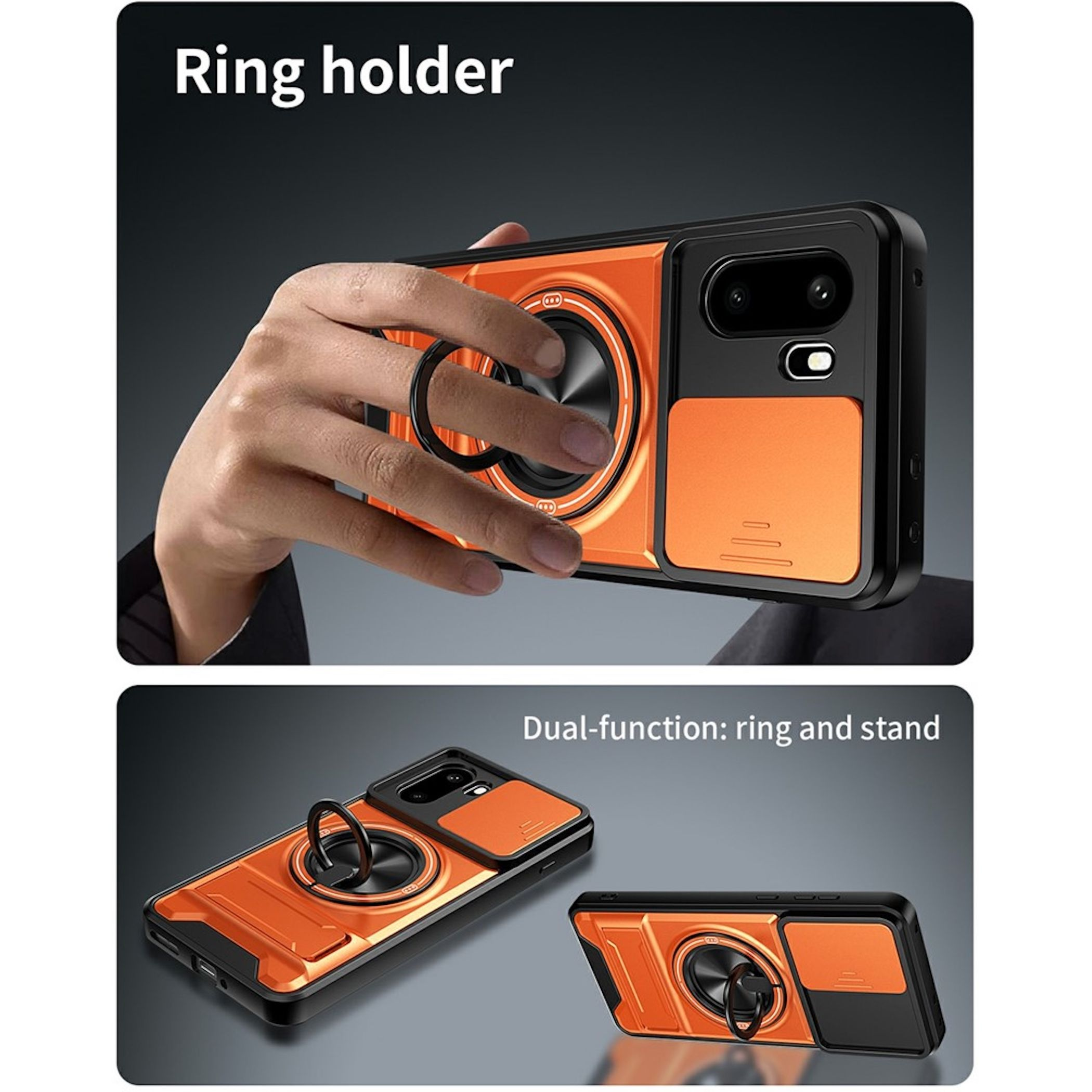 Orangefarbene Handyhülle mit Ringhalter und zwei Kameras auf der Rückseite.