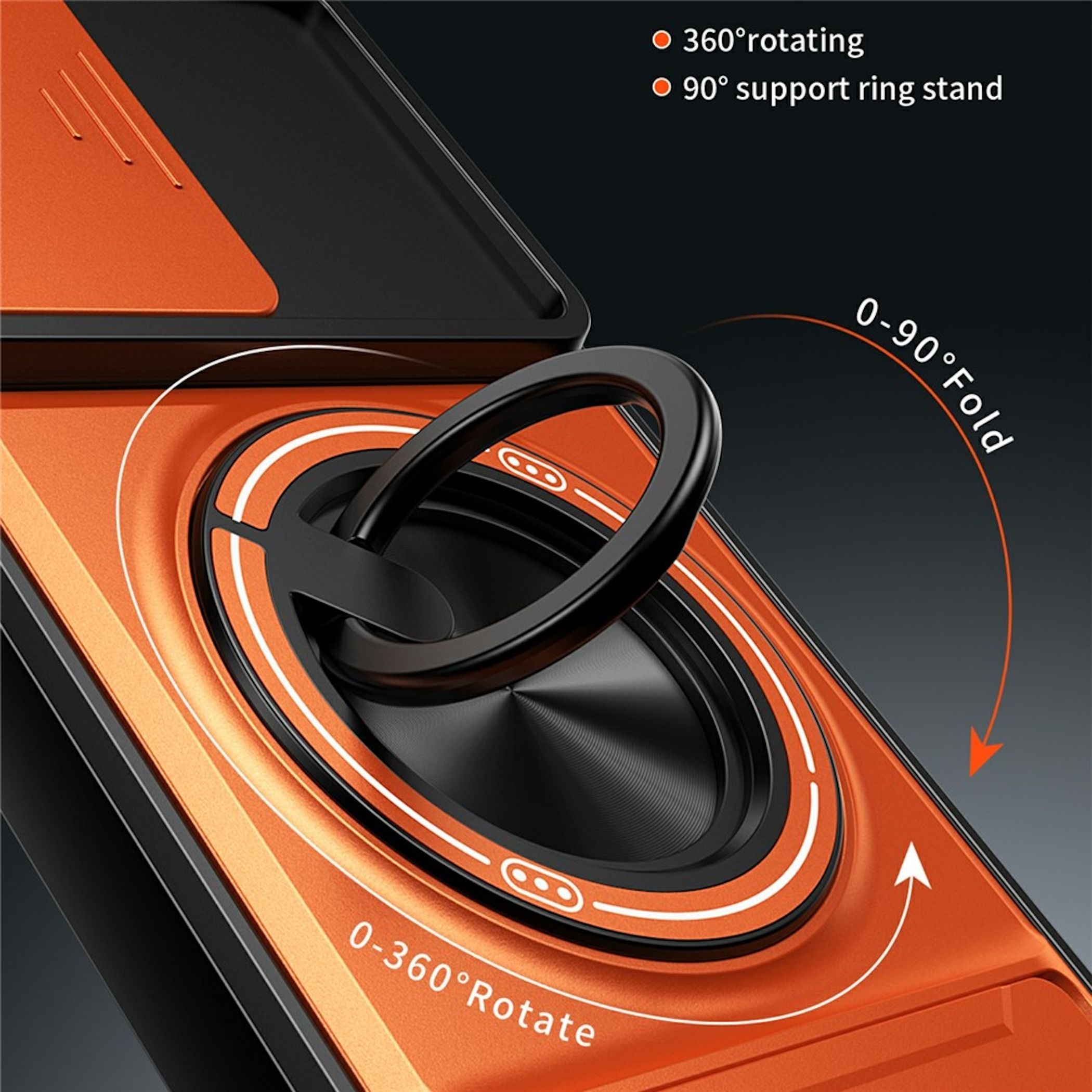 Ein orangefarbener Handyhalter mit einem drehbaren Ringständer und Faltfunktion.