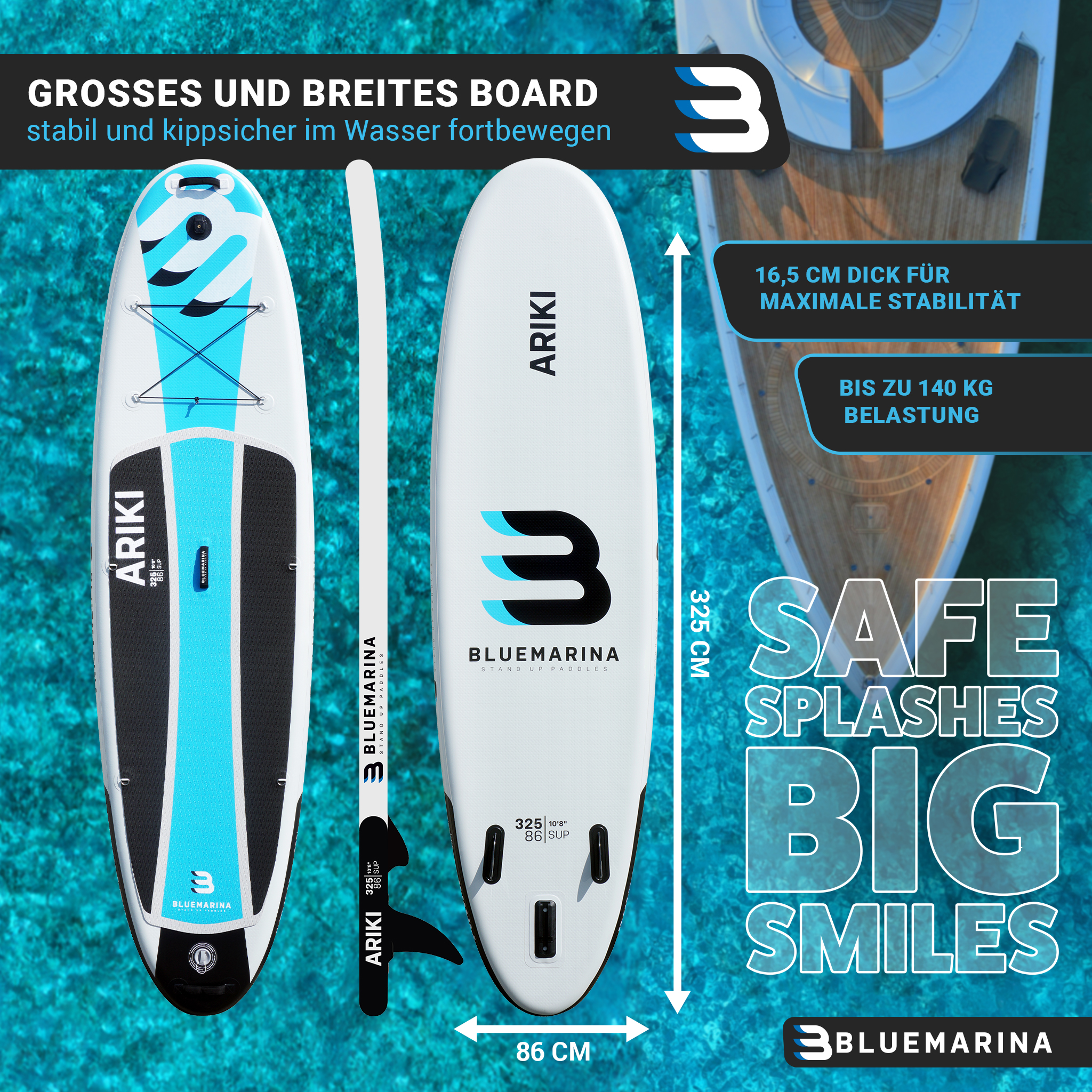 Ein blau-weißer Stand-Up-Paddleboard mit Paddel liegt auf türkisfarbenem Wasser.
