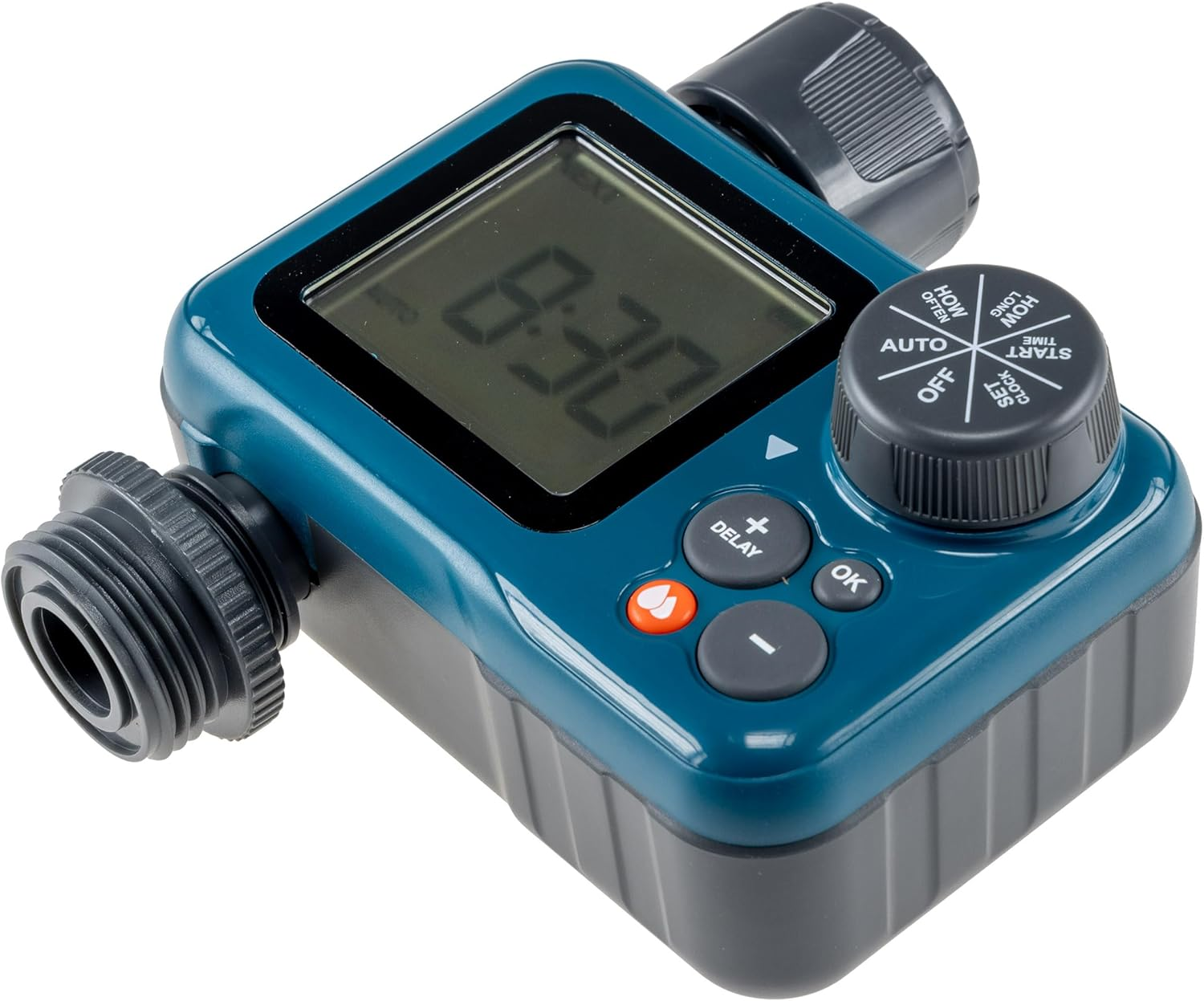 Digitaler Wasserzeitschaltuhr mit Display, Drehknopf und Tasten auf weißem Hintergrund.