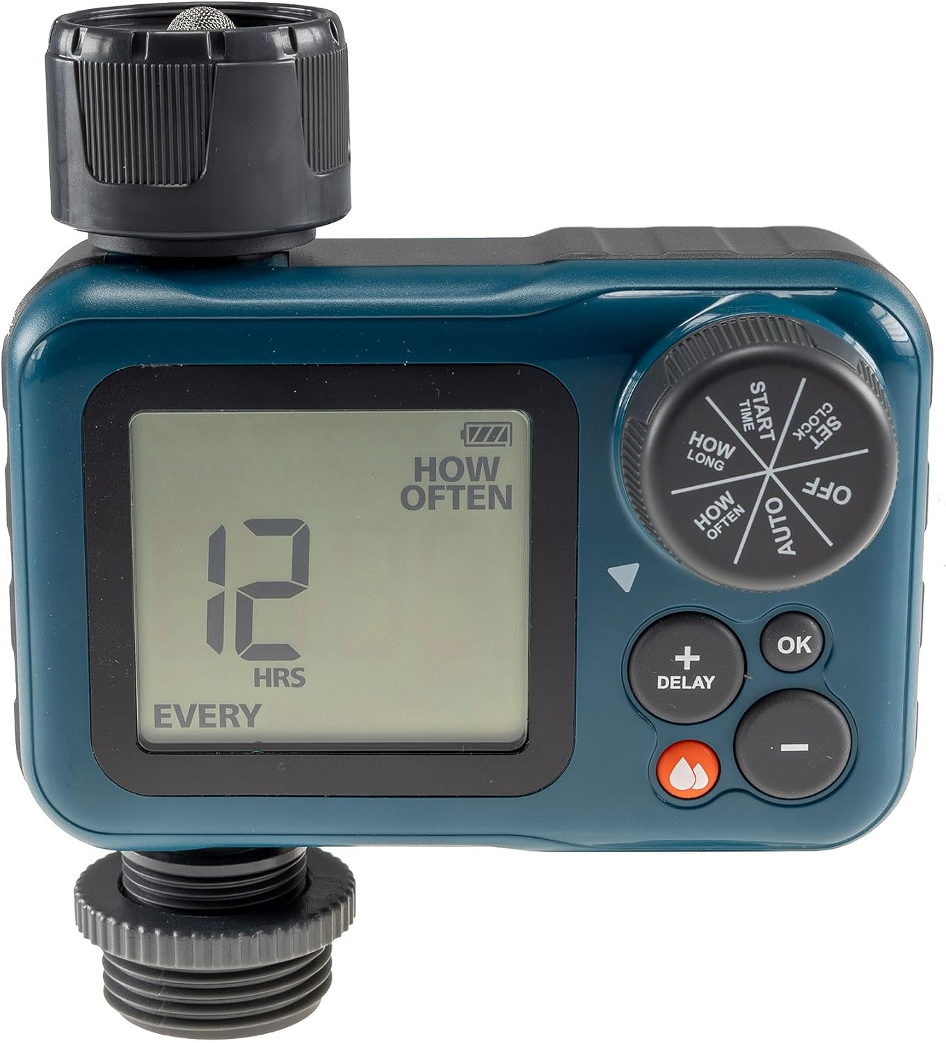 Ein blauer Gartenschlauch-Timer mit LCD-Bildschirm, der 12 Stunden anzeigt.