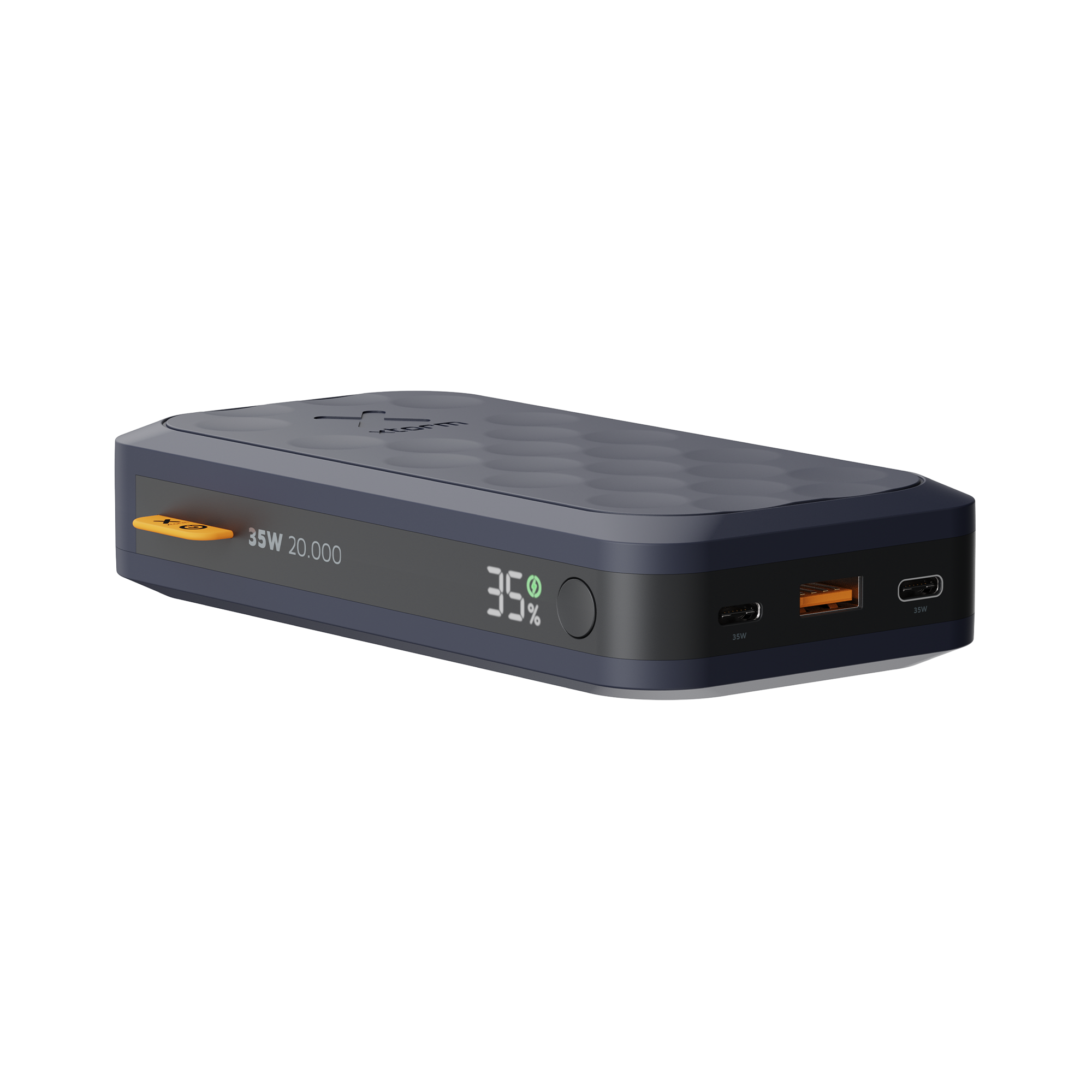 Dunkelgraues Powerbank mit Wabenmuster, 35W 20.000 und Ladeanzeige.