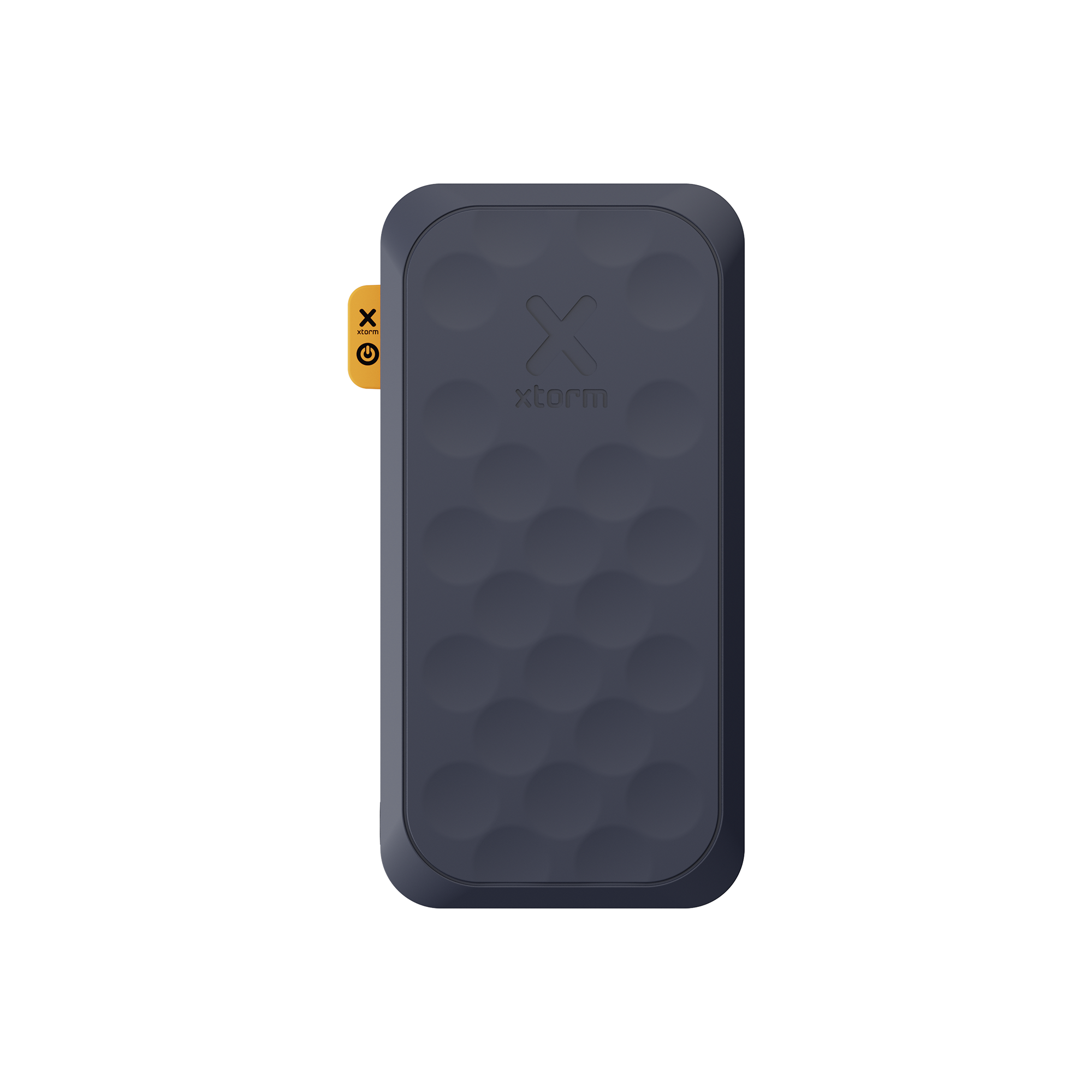 Dunkelgraues Xtorm Powerbank mit Wabenmuster und gelbem Knopf.