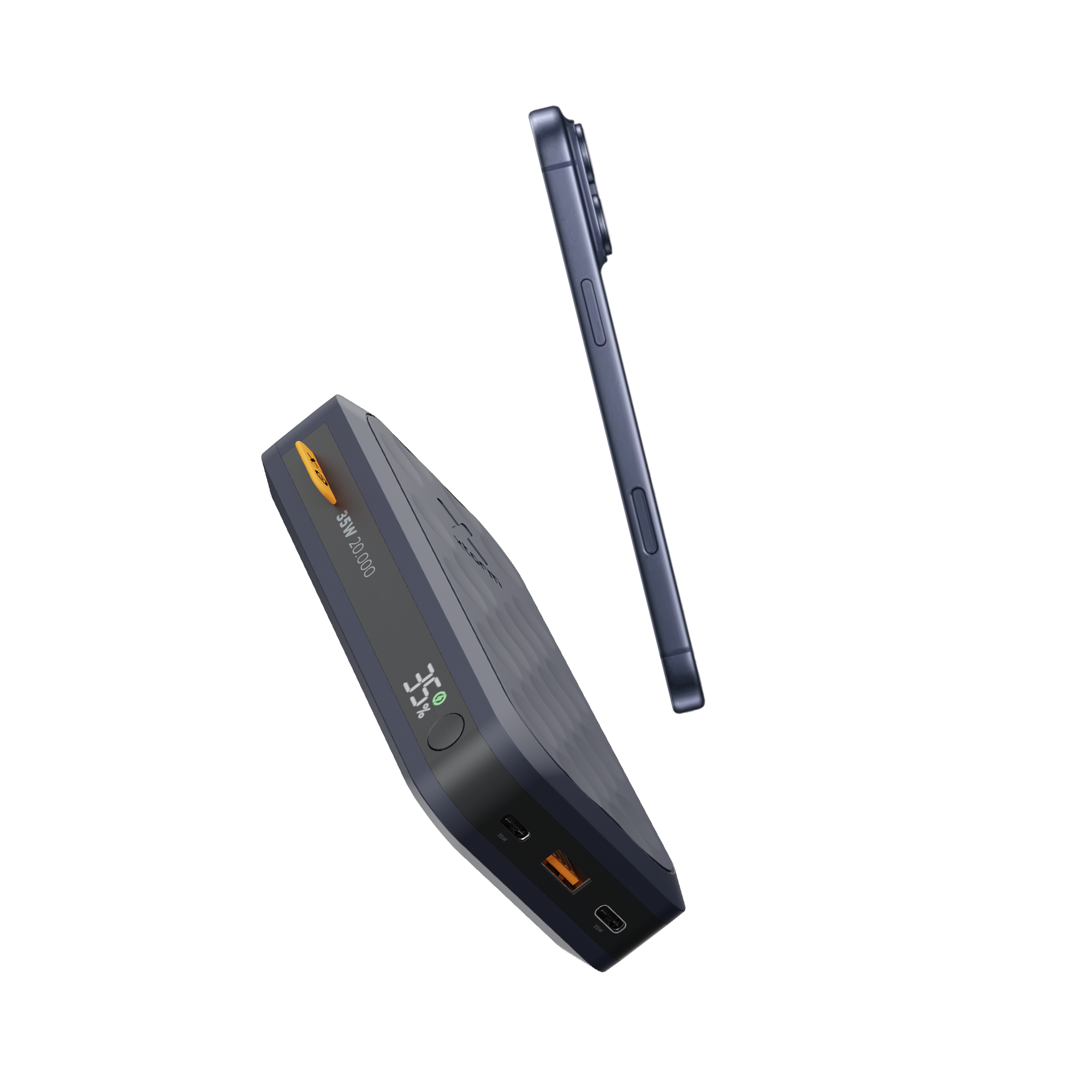 Dunkelgraues Powerbank mit 35W, 20.000 mAh und digitaler Anzeige, daneben ein dunkles Smartphone.