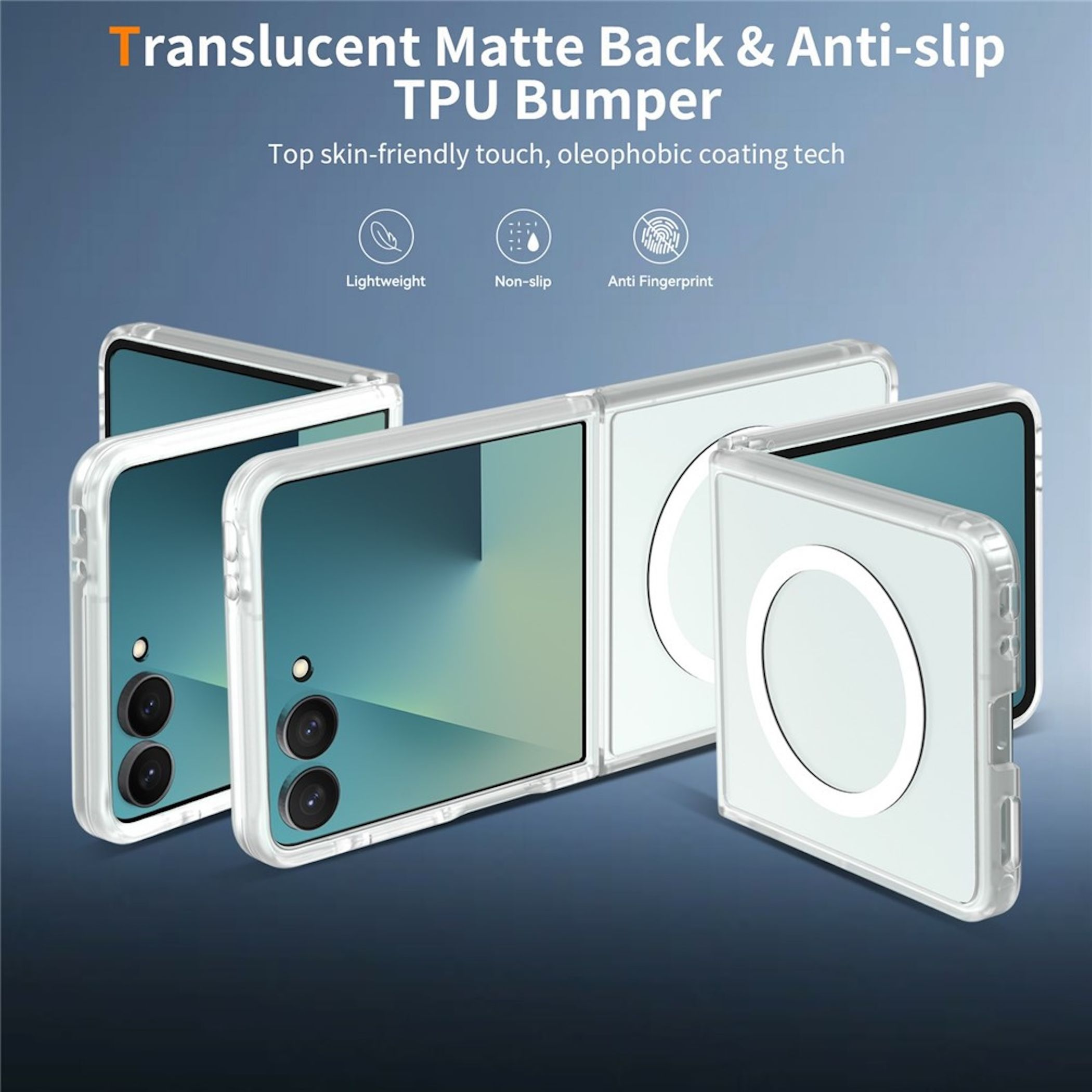 Transparente Handyhüllen mit mattem Rücken und rutschfestem TPU-Stoßfänger.