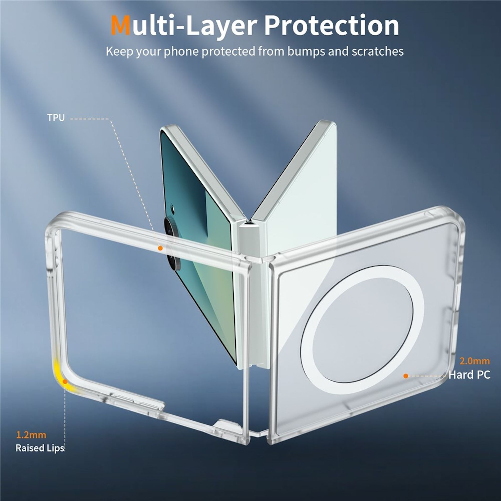 Transparente Handyhülle mit mehrschichtigem Schutz. TPU und Hart-PC.