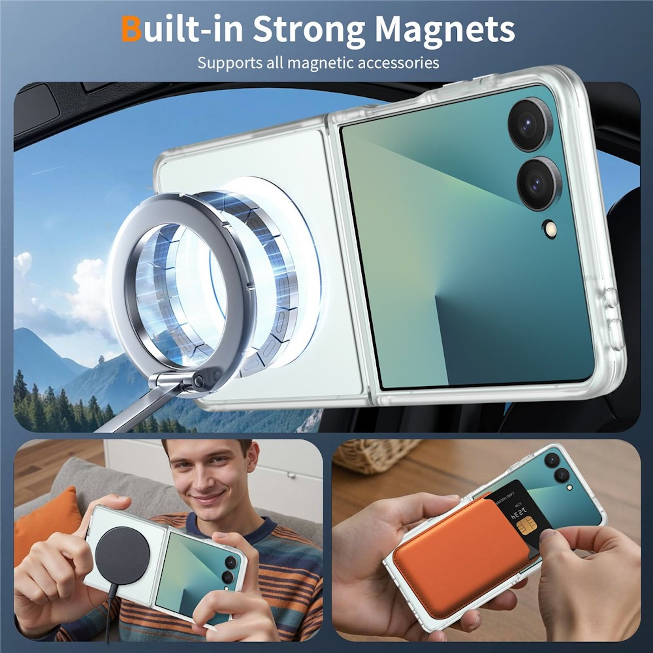 Klapphülle mit Magneten für Handy-Zubehör und Kartenhalter.
