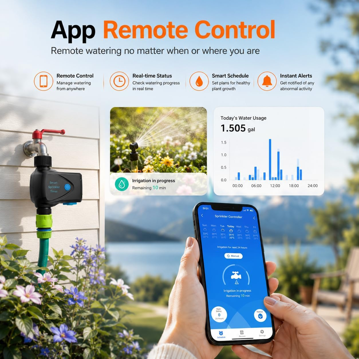 Smart Sprinkler Timer an einem Wasserhahn mit Bewässerungsdetails auf einem Handy.