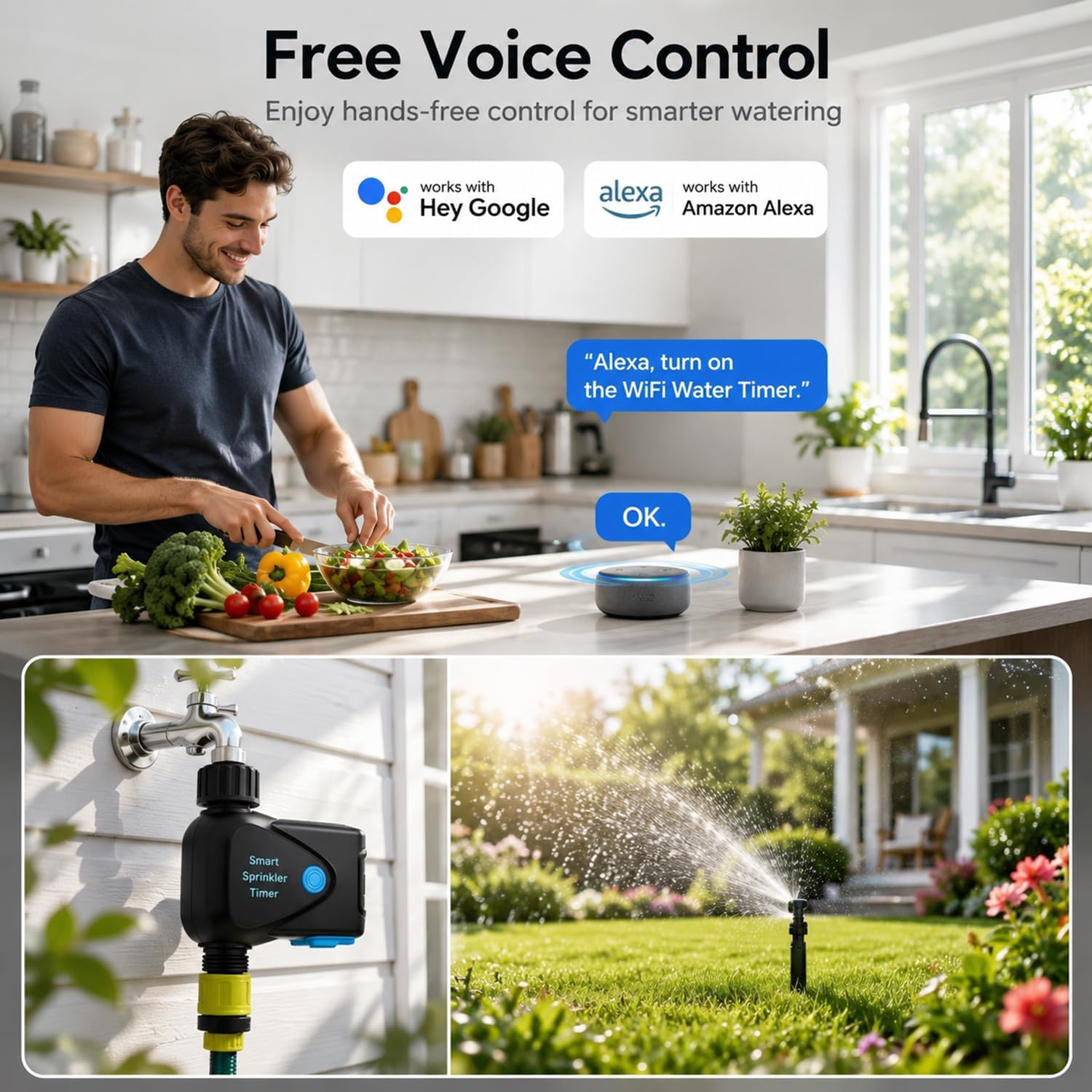 Mann kocht in Küche, Smart Sprinkler Timer an Hauswand, Rasensprenger läuft.