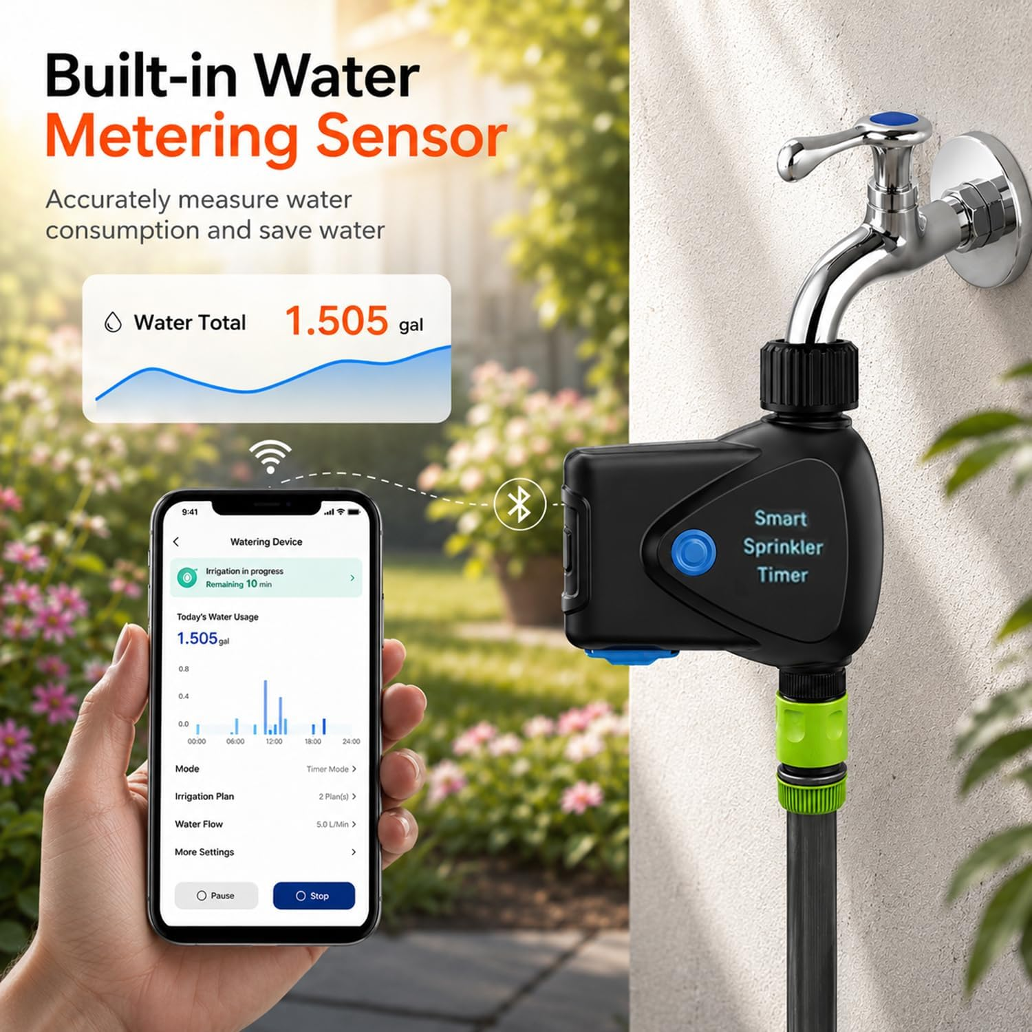 Smart Sprinkler Timer am Wasserhahn mit App-Anzeige für Wasserkonsum.