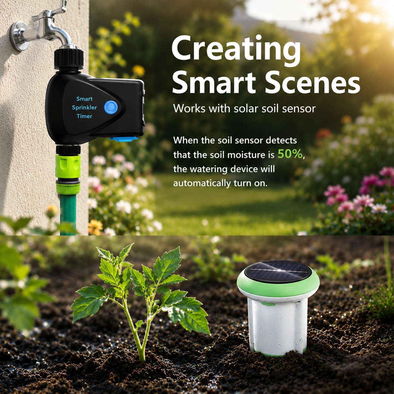 Intelligenter Sprinkler-Timer an Wasserhahn, und Solar-Bodenfeuchtesensor im Garten.