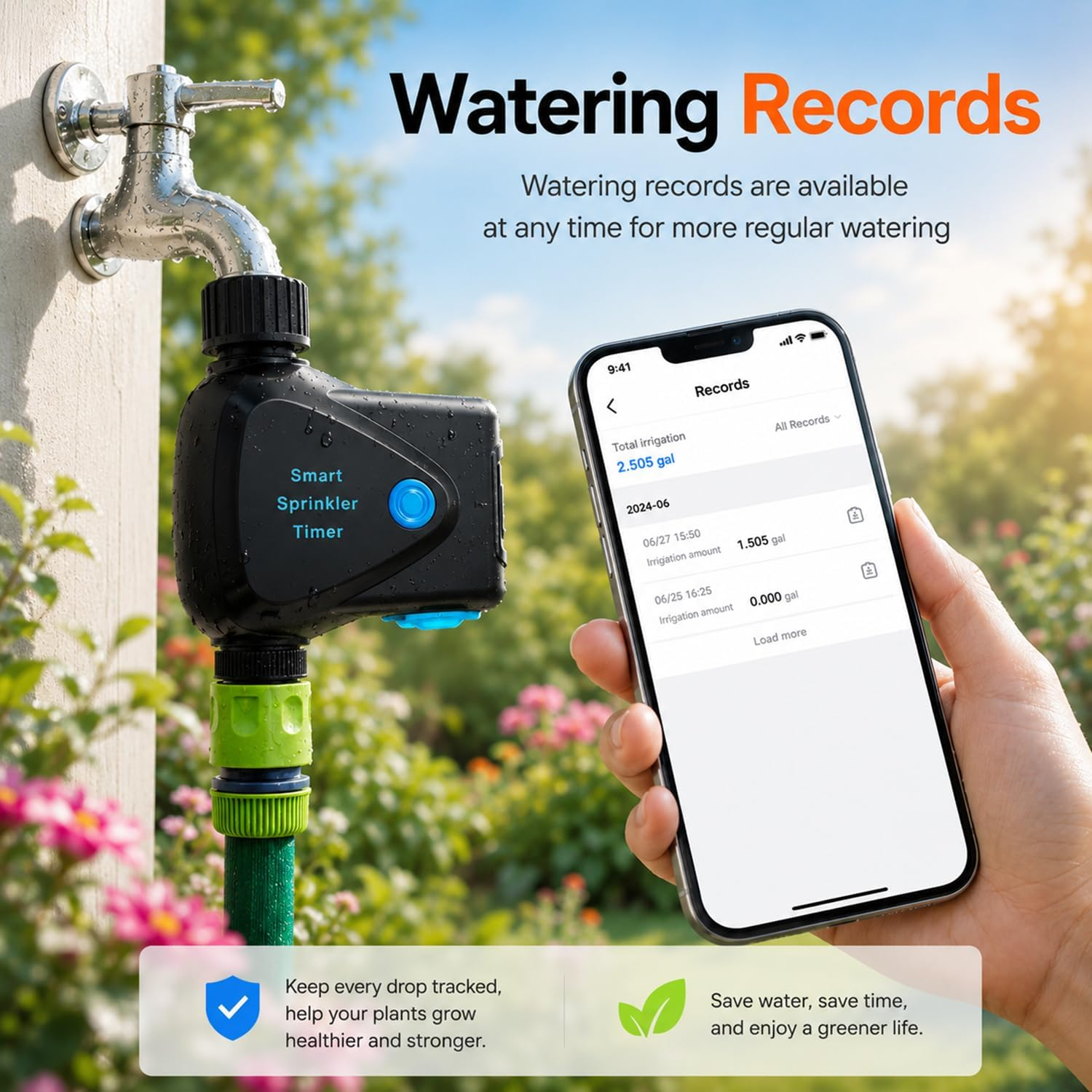 Ein Smart Sprinkler Timer wird an einen Wasserhahn angeschlossen, daneben ein Smartphone mit Bewässerungsaufzeichnungen.