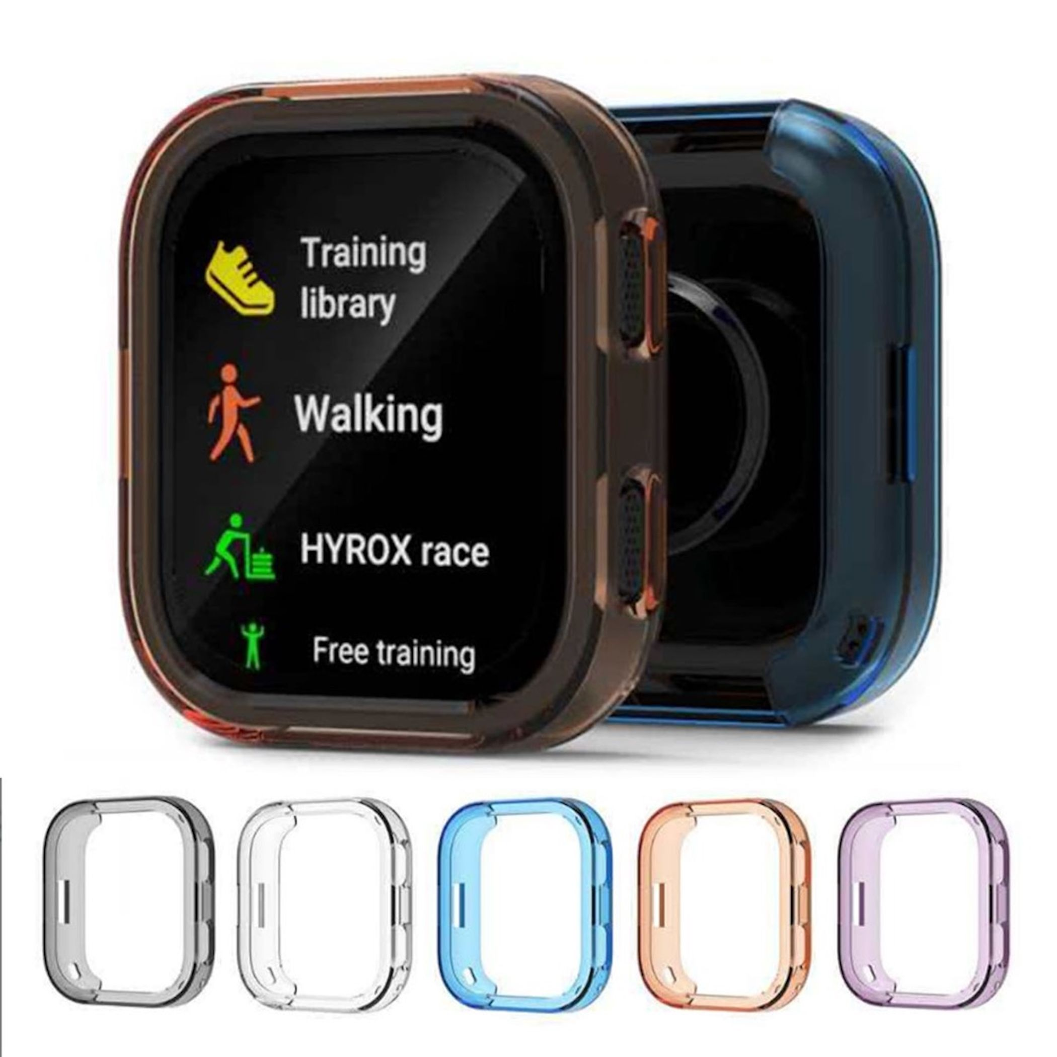 Transparente Schutzhüllen für Smartwatches in verschiedenen Farben.