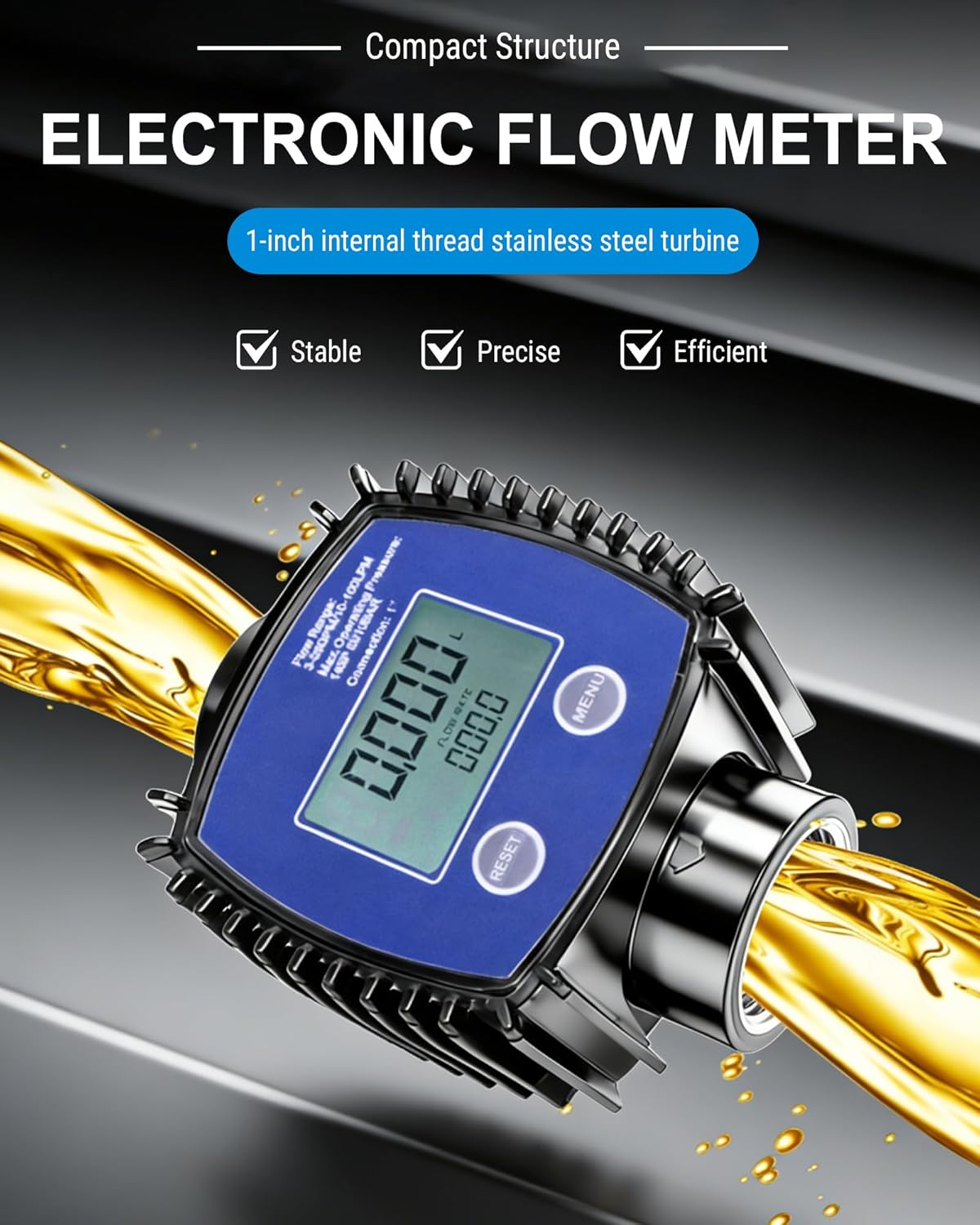 Elektronischer Durchflussmesser mit digitalem Display, zeigt 0000. Gelbe Flüssigkeit fließt durch.