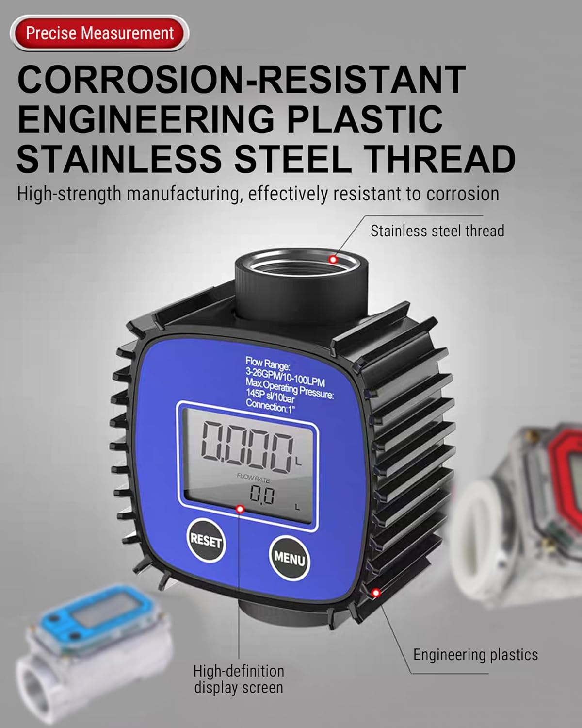 Digitaler Durchflussmesser mit Edelstahldraht und hochauflösendem Display.