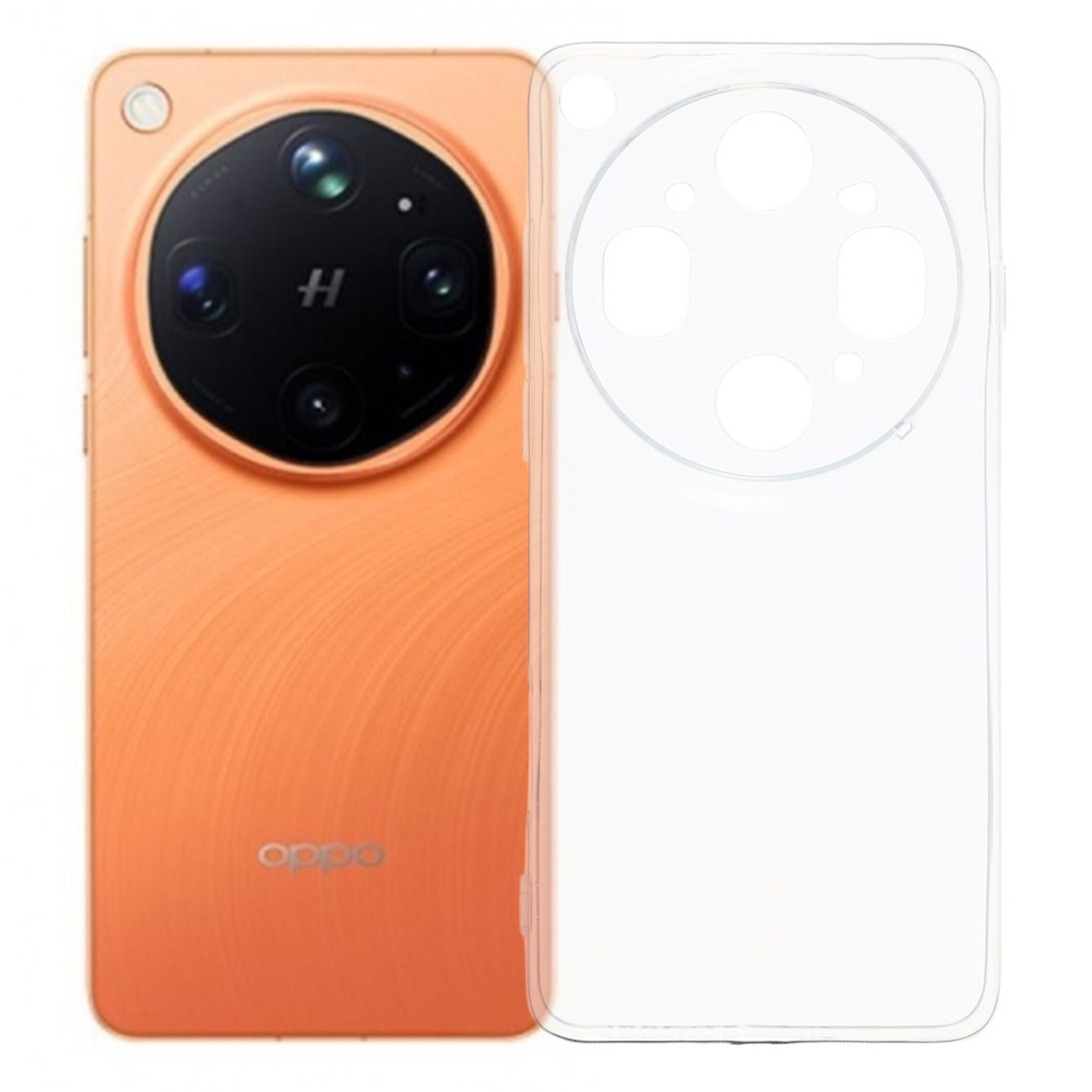Orangefarbenes Handy mit runder Kamera und durchsichtiger Hülle daneben.