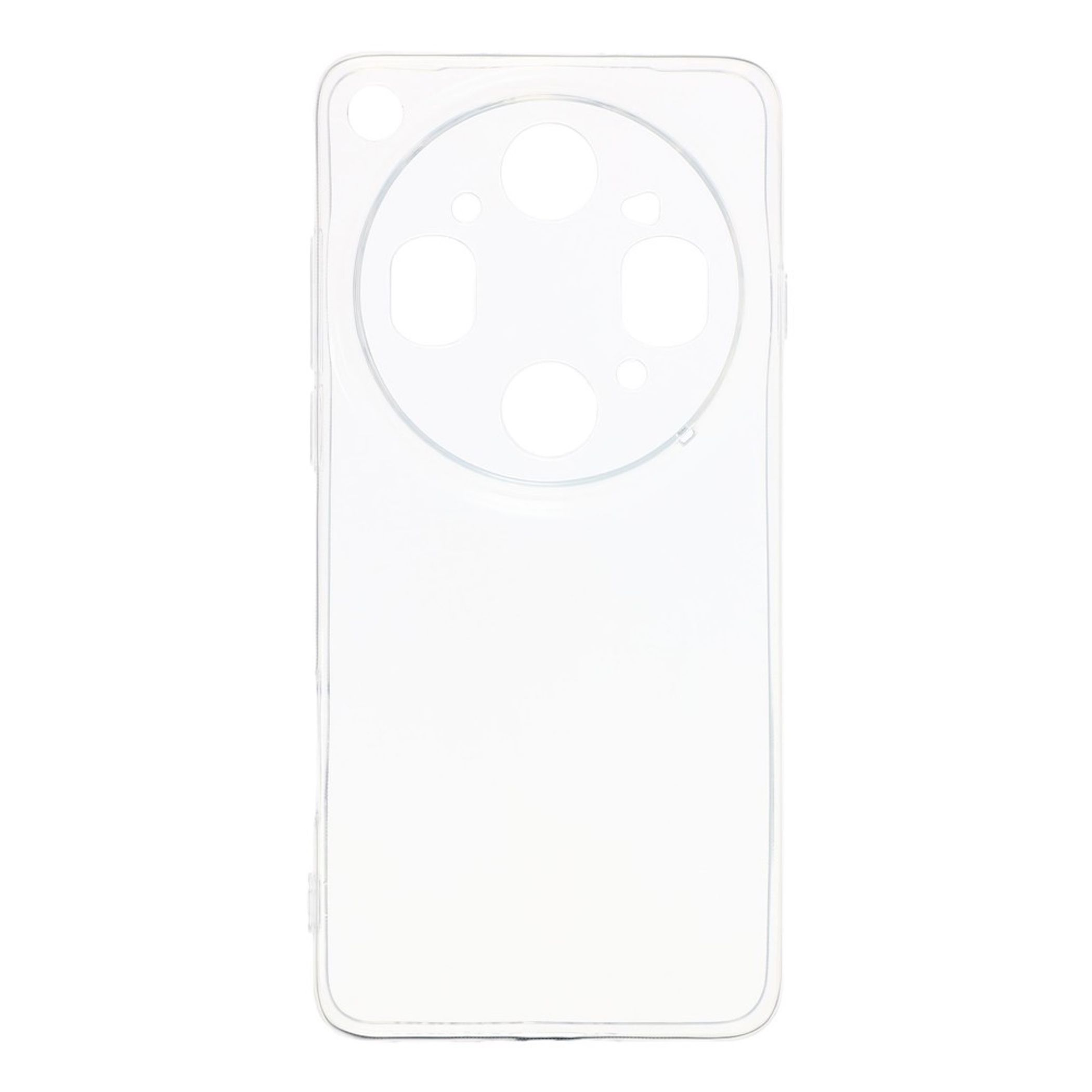 Transparente Handyhülle mit Aussparungen für Kamera und Tasten.