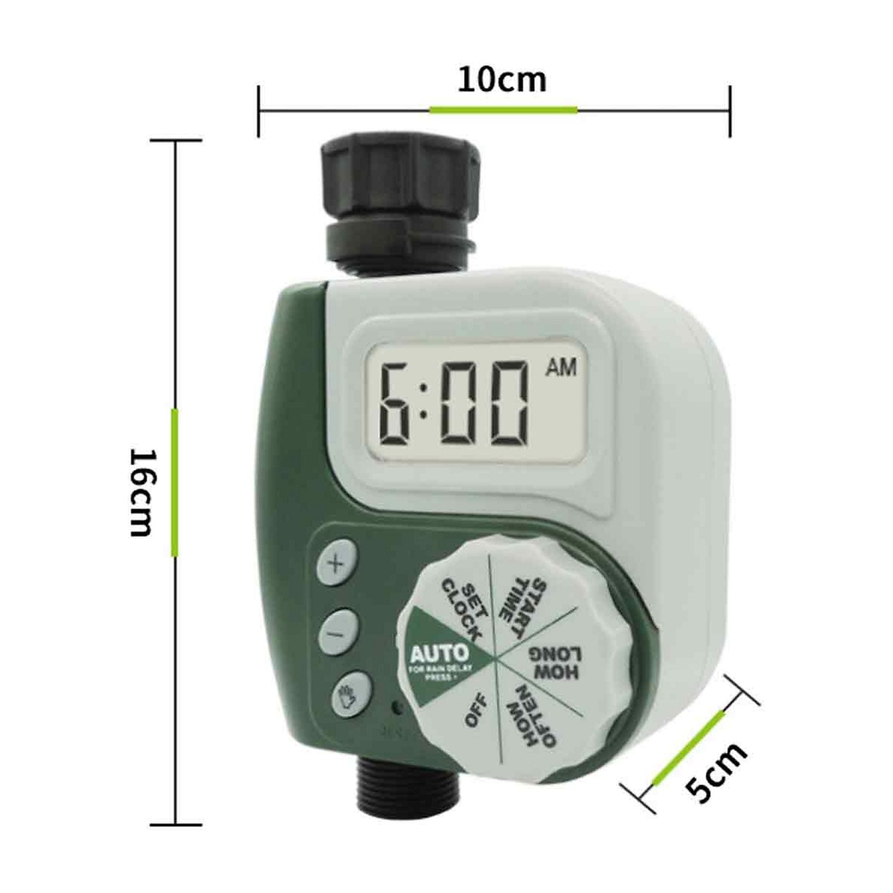 Ein grüner und weißer digitaler Gartenschlauch-Timer mit Uhrzeit 6:00 AM und Einstellknopf.