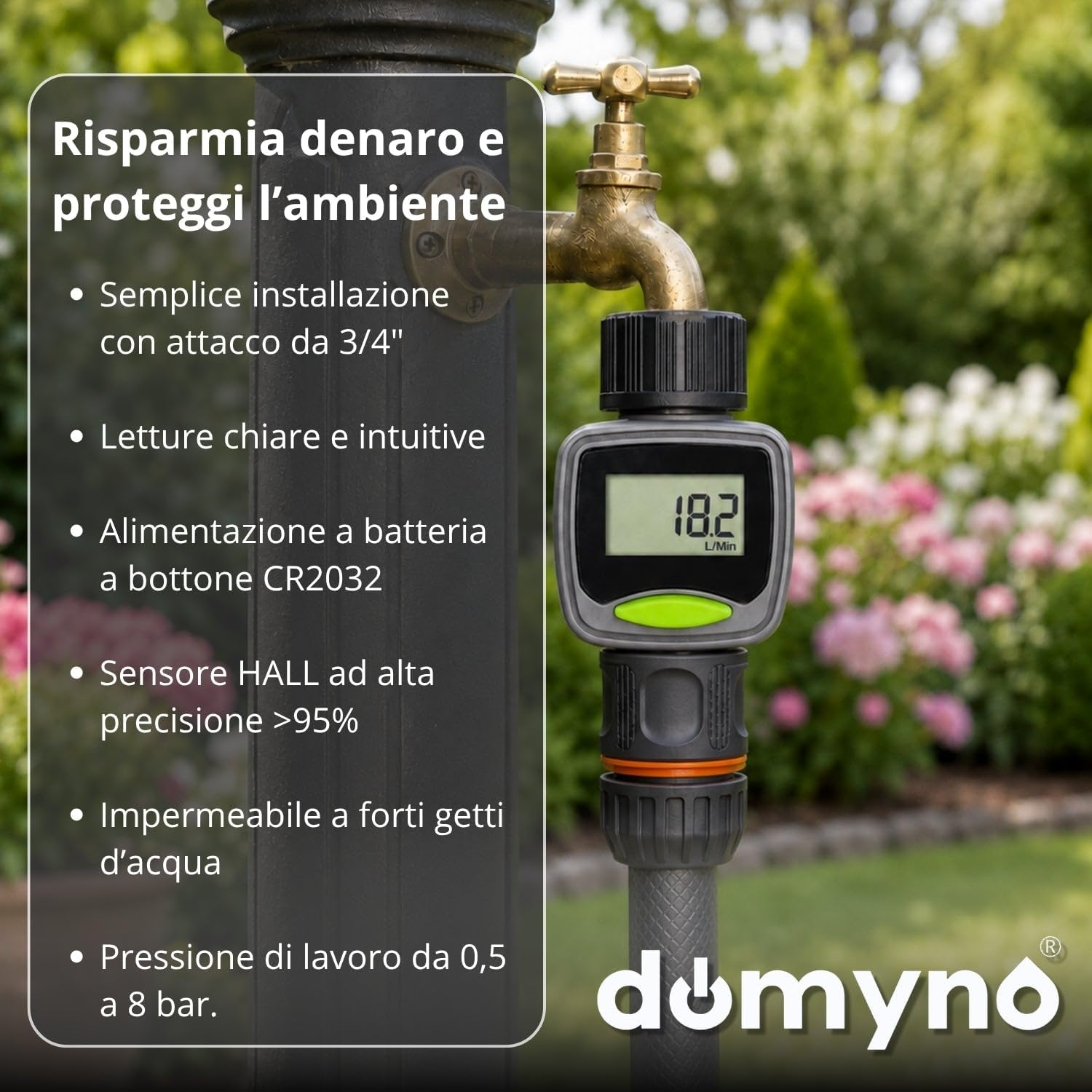 Ein digitaler Wasserzähler an einem Wasserhahn im Garten, zeigt 18,2 L/Min an.