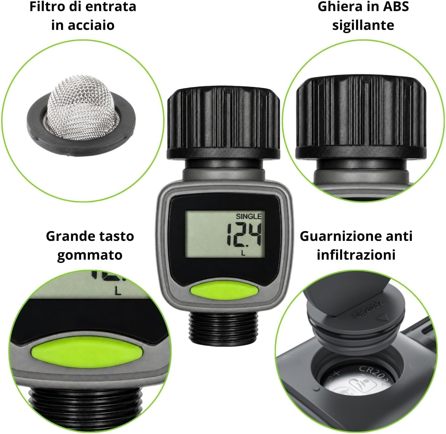 Ein digitaler Bewässerungszeitschaltuhr mit Detailaufnahmen von Filter, Knopf, Kappe und Batterieabdeckung.