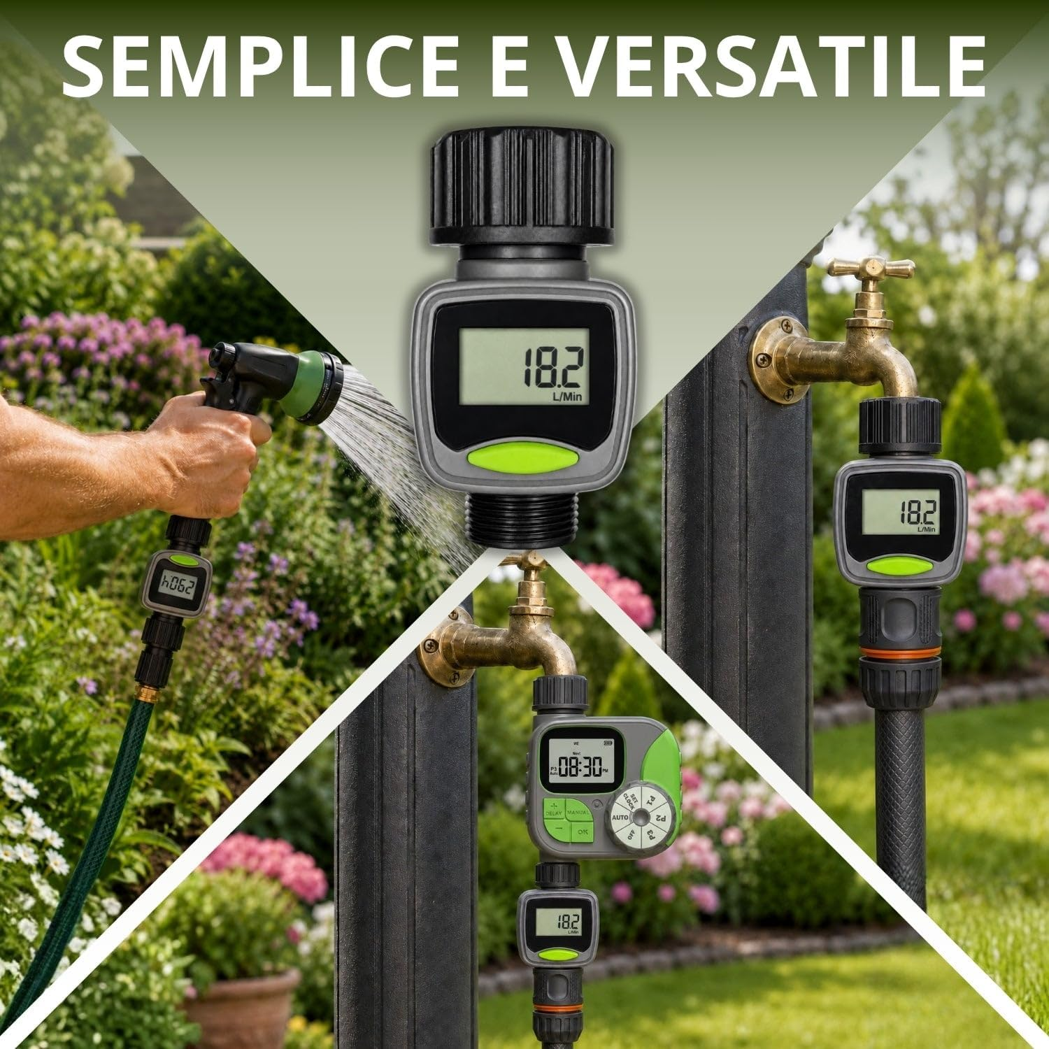Gartenbewässerungszeitschaltuhr mit digitalem Display, Schlauch und Wasserhahn.
