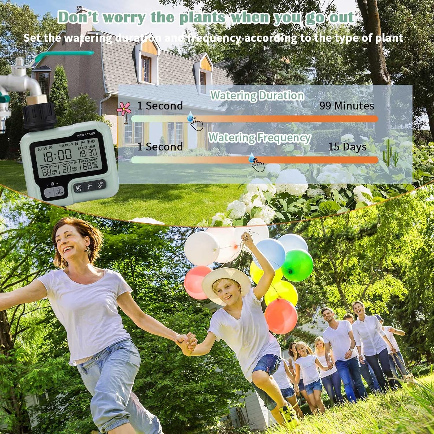 Gartenbewässerungs-Timer neben Haus, Familie feiert im Freien mit Ballons.