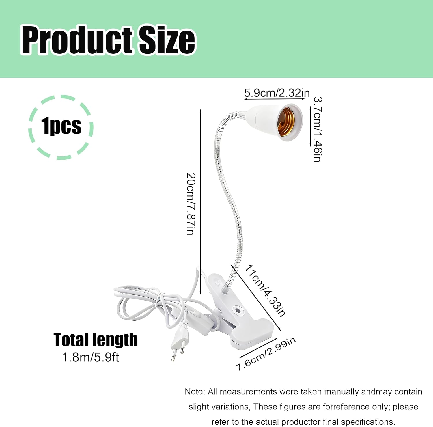 Produktgrößenangaben für eine Lampe mit Klemme und biegsamem Arm.