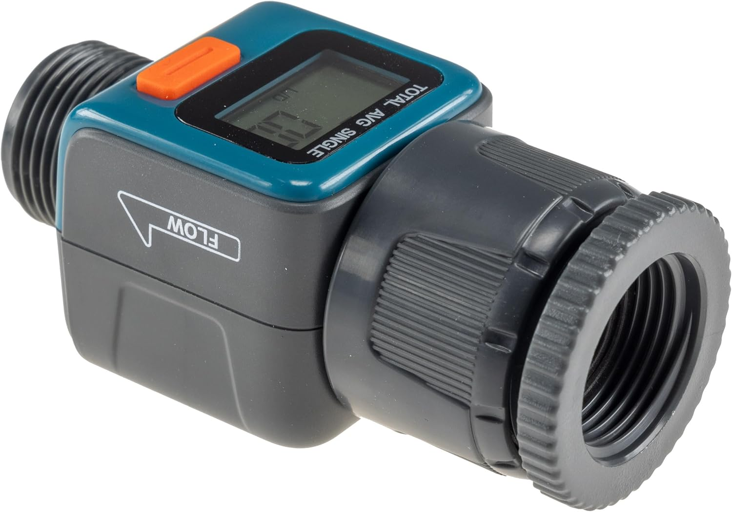 Ein digitaler Wasserdurchflussmesser mit einem blauen Gehäuse und einem LCD-Bildschirm.