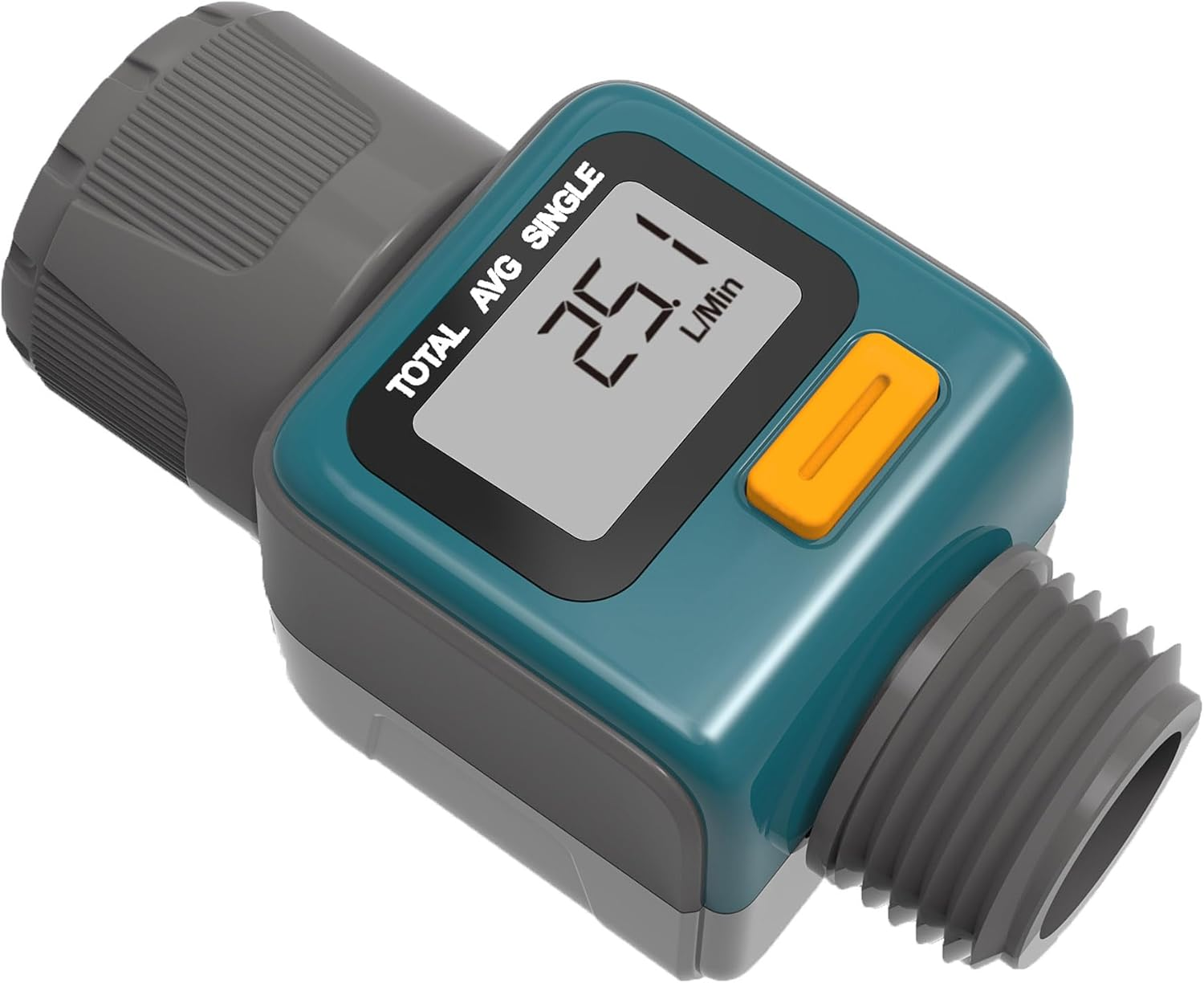 Ein digitaler Wasserdurchflussmesser mit einem Bildschirm, der 25,1 L/Min anzeigt.