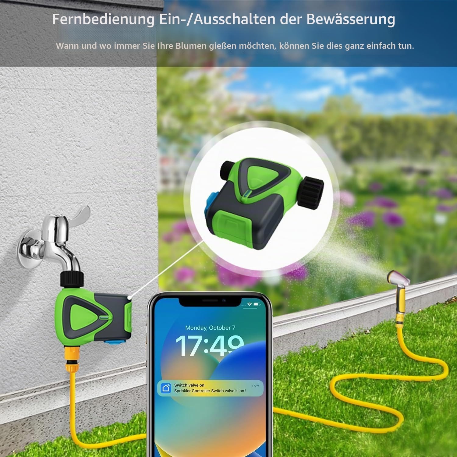 Bewässerungssteuersystem mit Smartphone-App, an Wasserhahn angeschlossen.