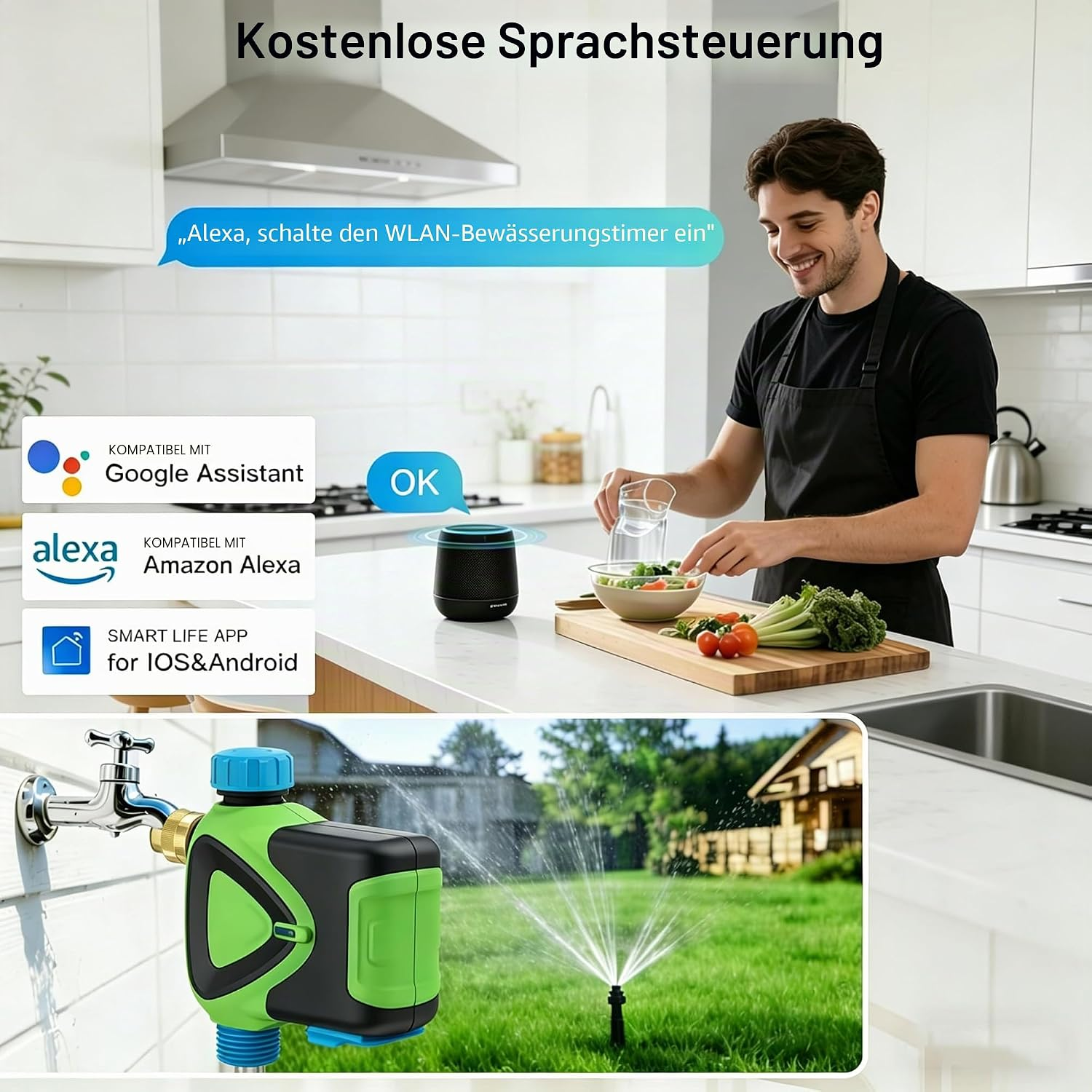 Mann in Küche nutzt Sprachsteuerung für smartes Bewässerungssystem.