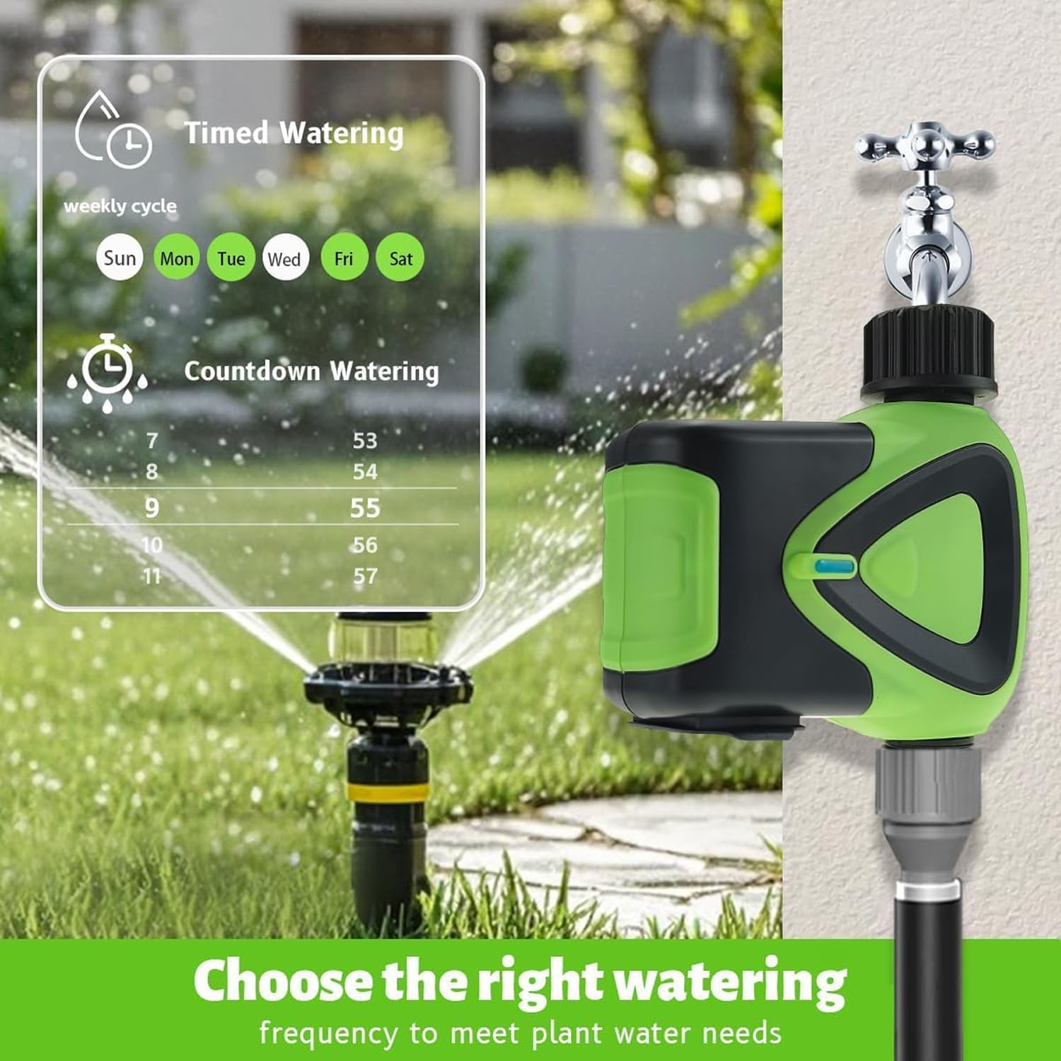 Smarter Timer für Gartenbewässerung, zeigt Zeit- und Countdown-Optionen.